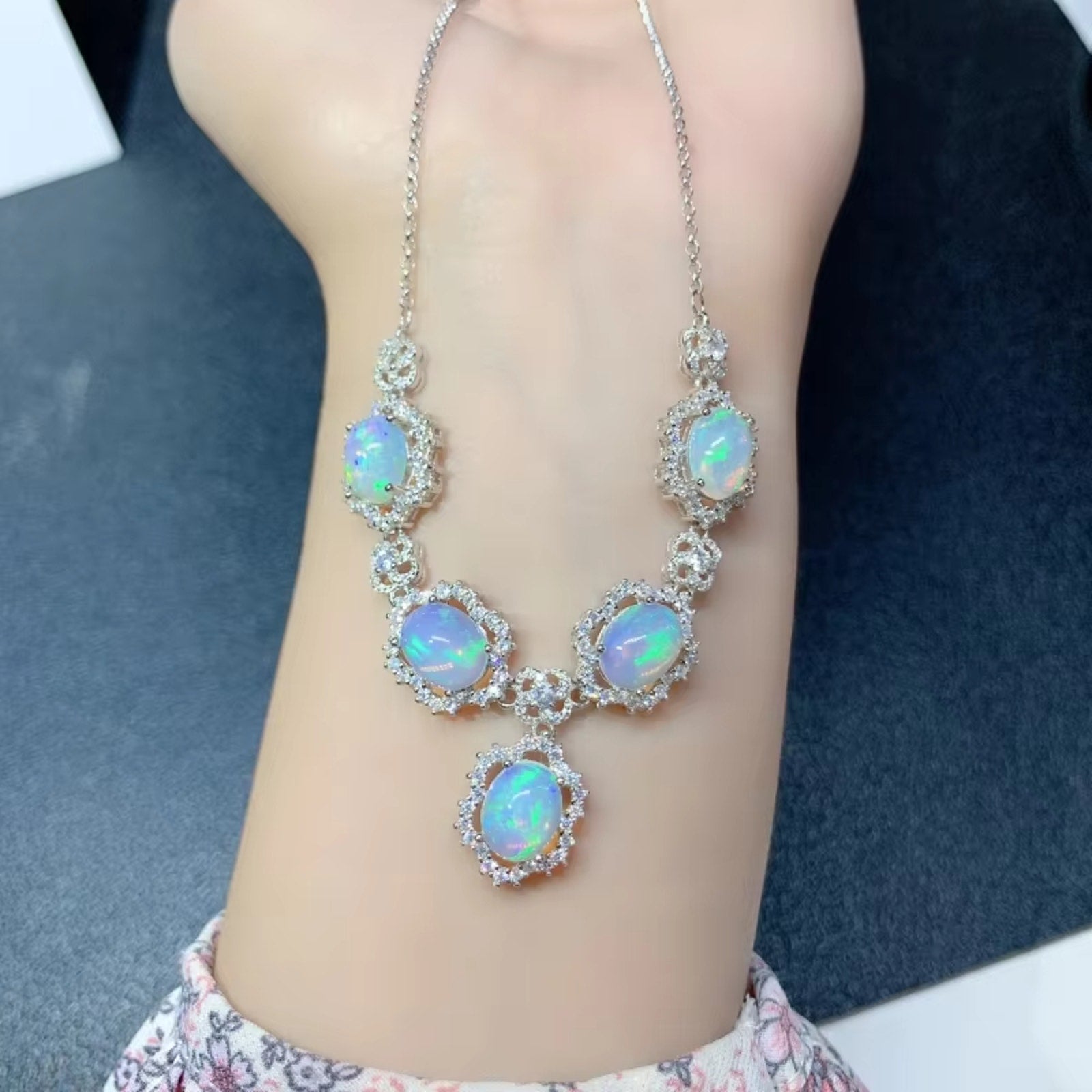 Natural Fire Opal Necklace, Women's Opal Necklace 925 Sterling Silver 7x9mm