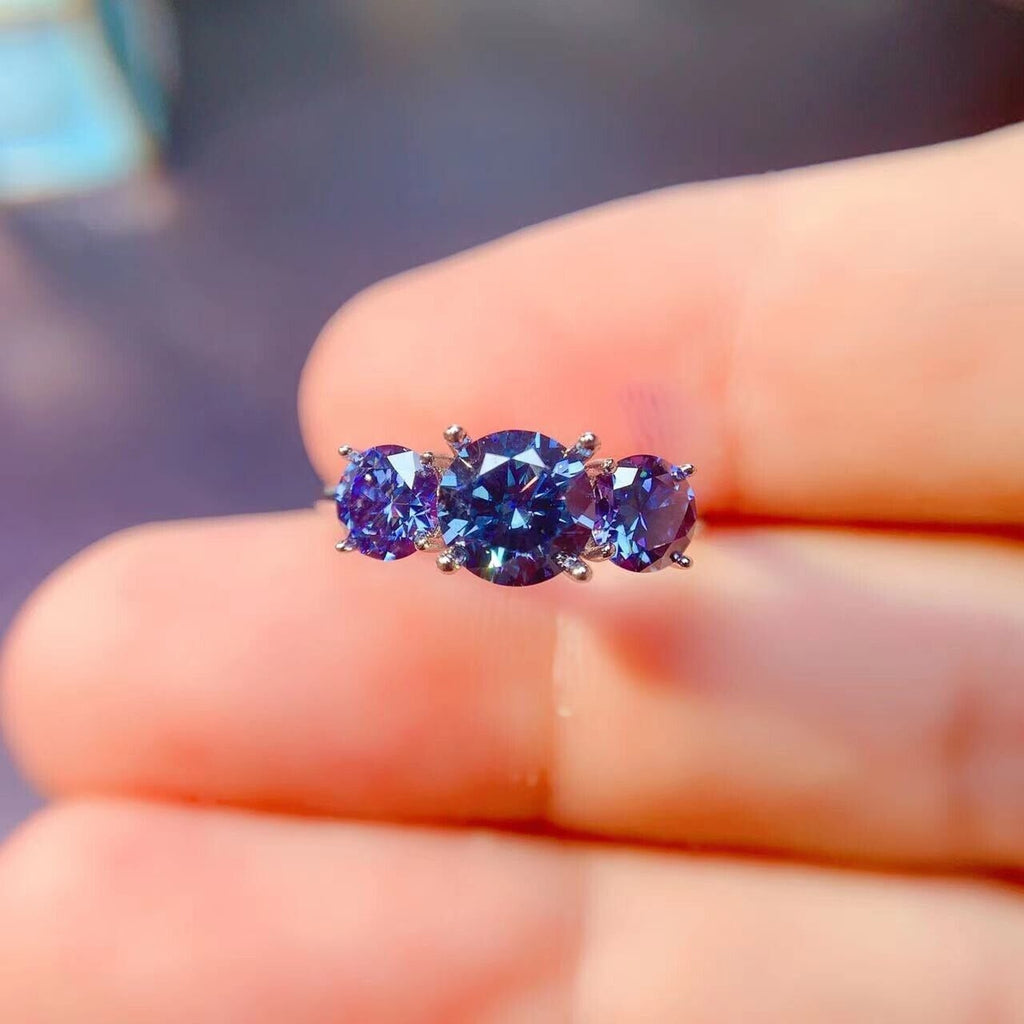 VVS1 Blue Moissanite 3 Stone Ring 925 Sterling Silver