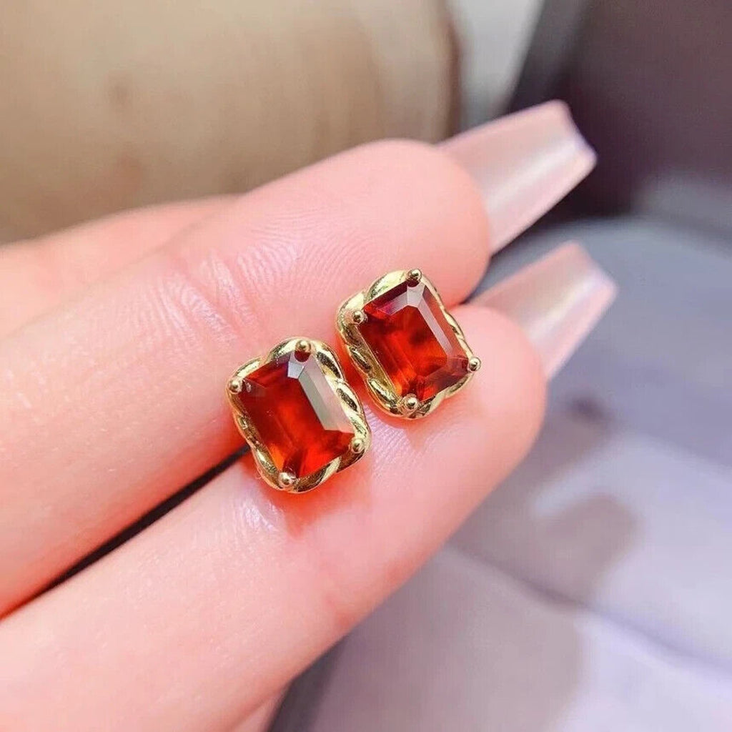 Natural Orange Garnet Stud Earrings 5x7mm Platinum Plated