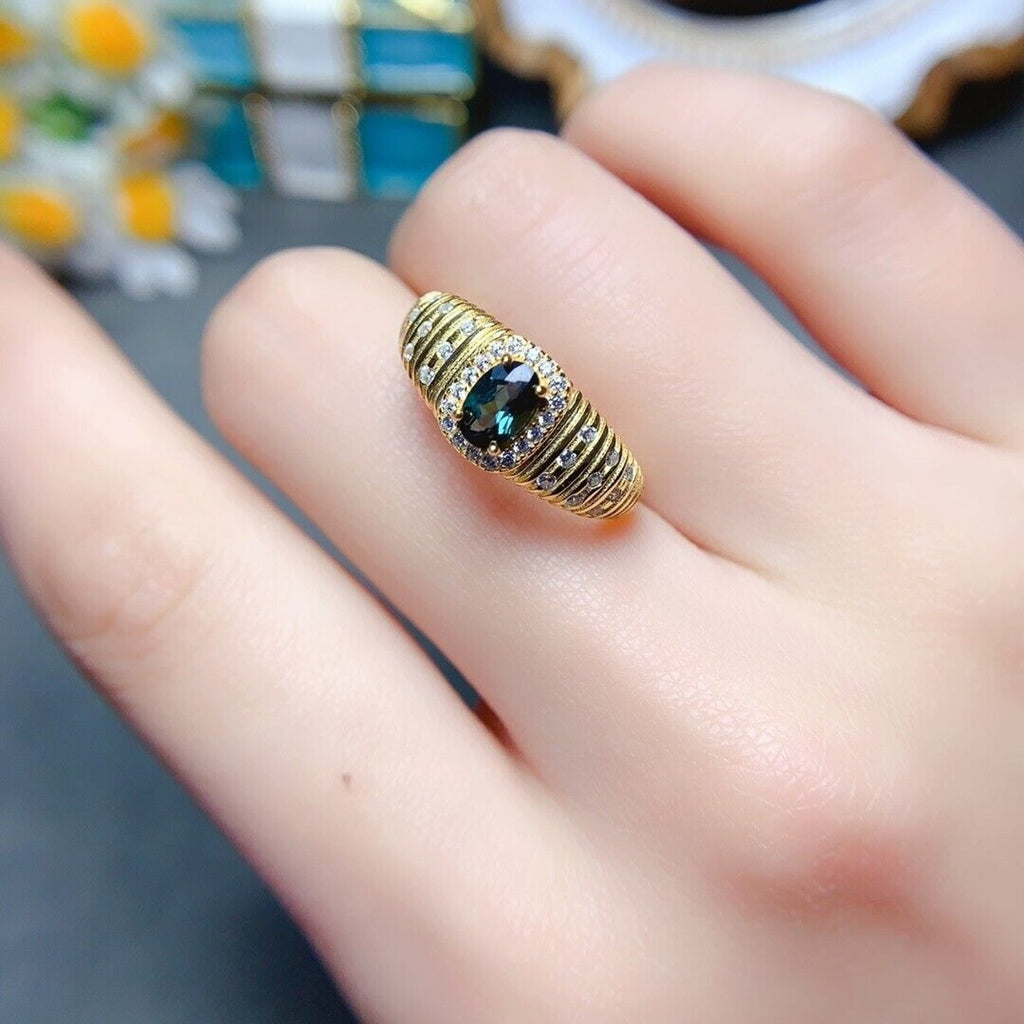 Green Tourmaline Band Ring, Natural Green Tourmaline Gemstone Ring Silver