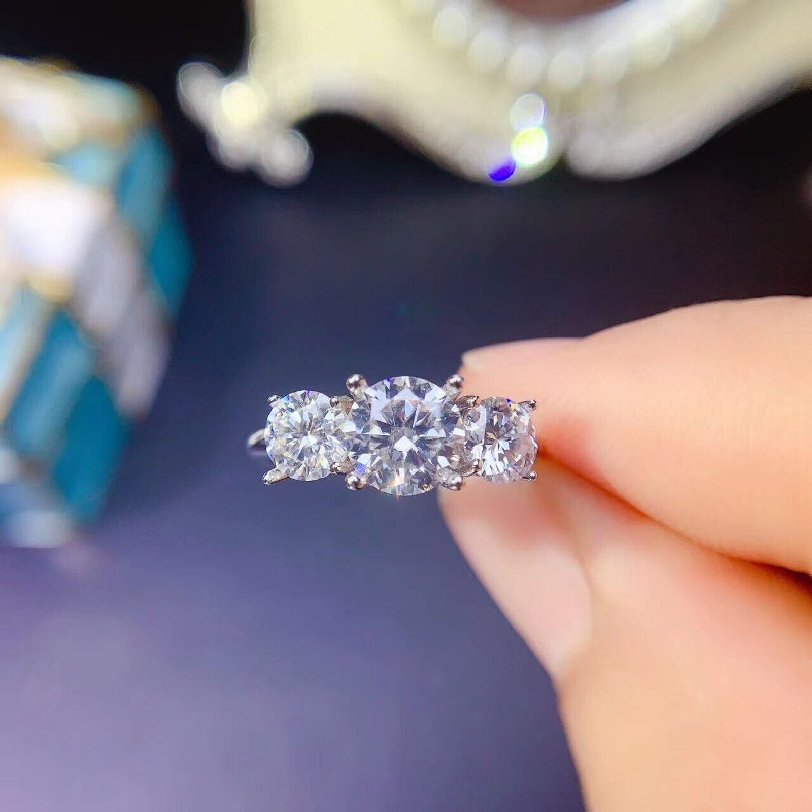 VVS1 White Moisssanite 3 Stone Ring Platinum Plated