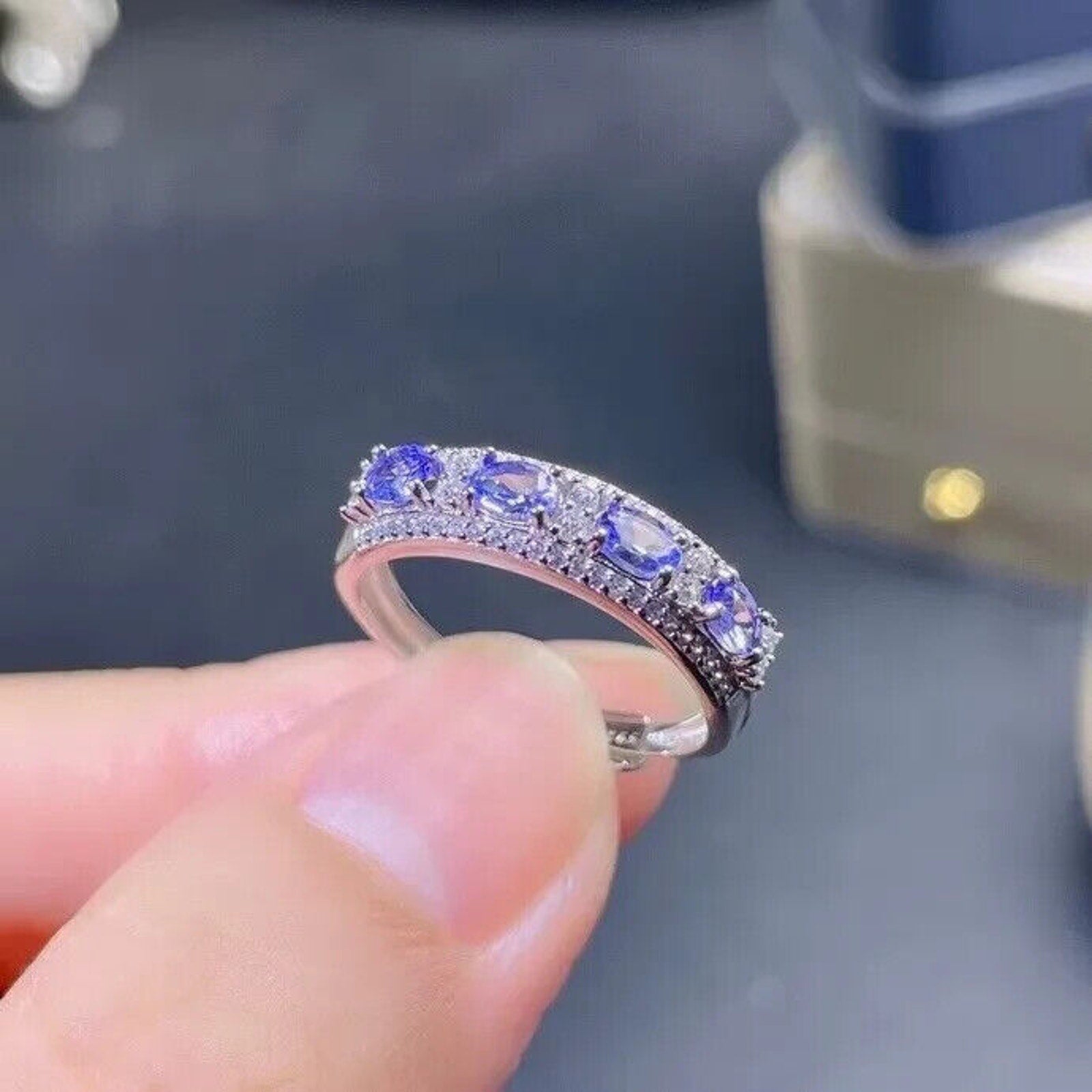 Natural Purple Tanzanite Band Ring 3x4mm Platinum Plated, Tanzanite Band Ring