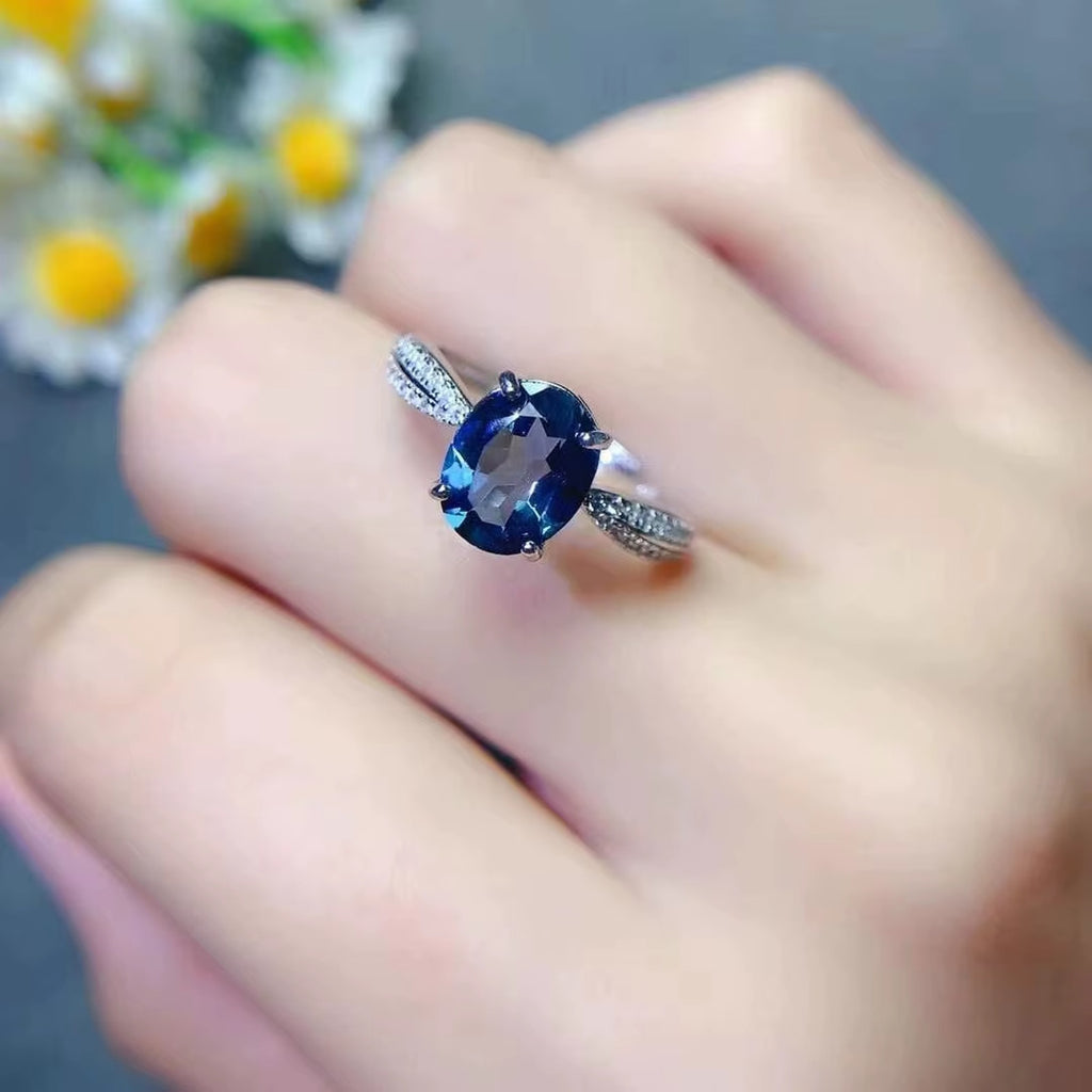 2CT Natural London Blue Topaz Gemstone Ring, London Blue Topaz Ring 8x10mm