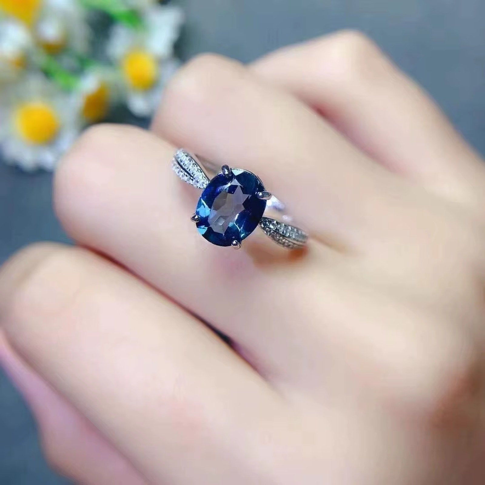 2CT Natural London Blue Topaz Gemstone Ring, London Blue Topaz Ring 8x10mm