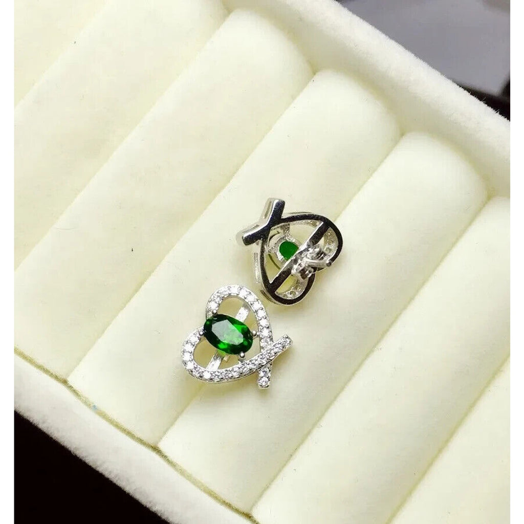 Chrome Diopside Heart Shape Stud Earrings, Natural Chrome Diopside Stud Earrings