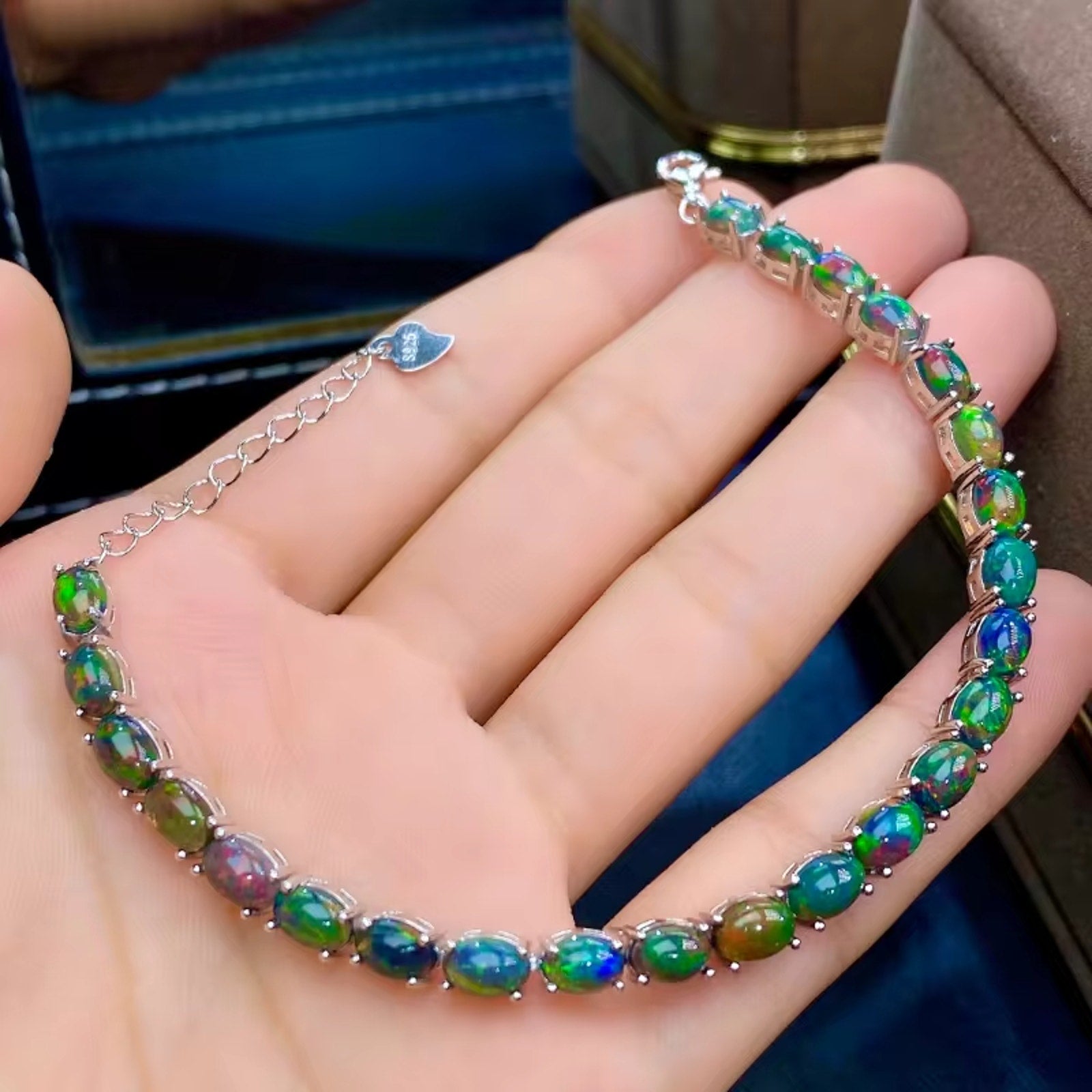 Black Fire Opal Tennis Bracelet, Colorful Opal Bracelet 925 Sterling Silver