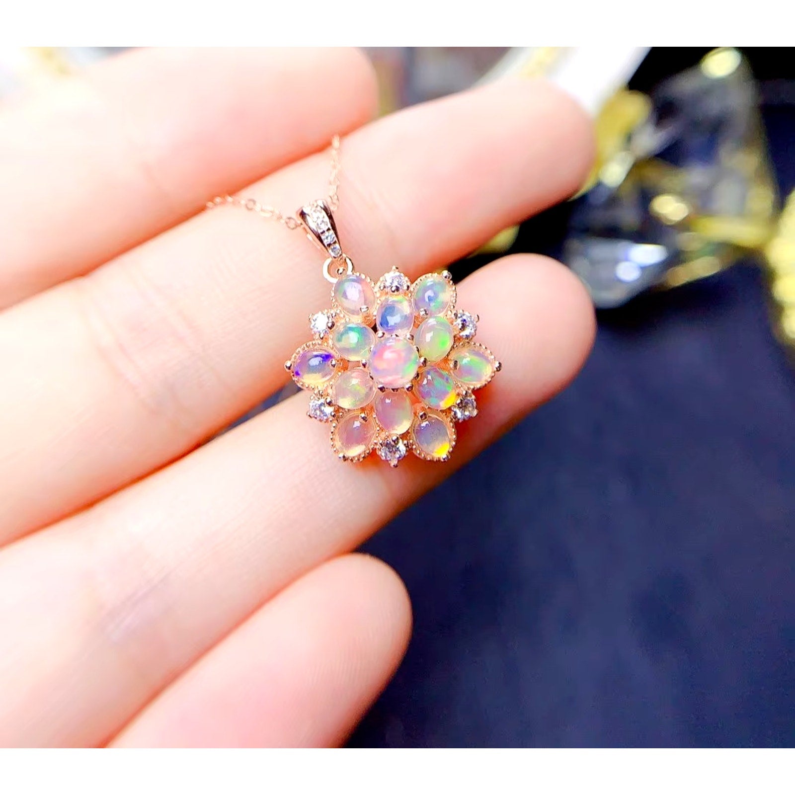 Natural Fire Opal Cluster Pendant Necklace, Women's Opal Pendant Necklace