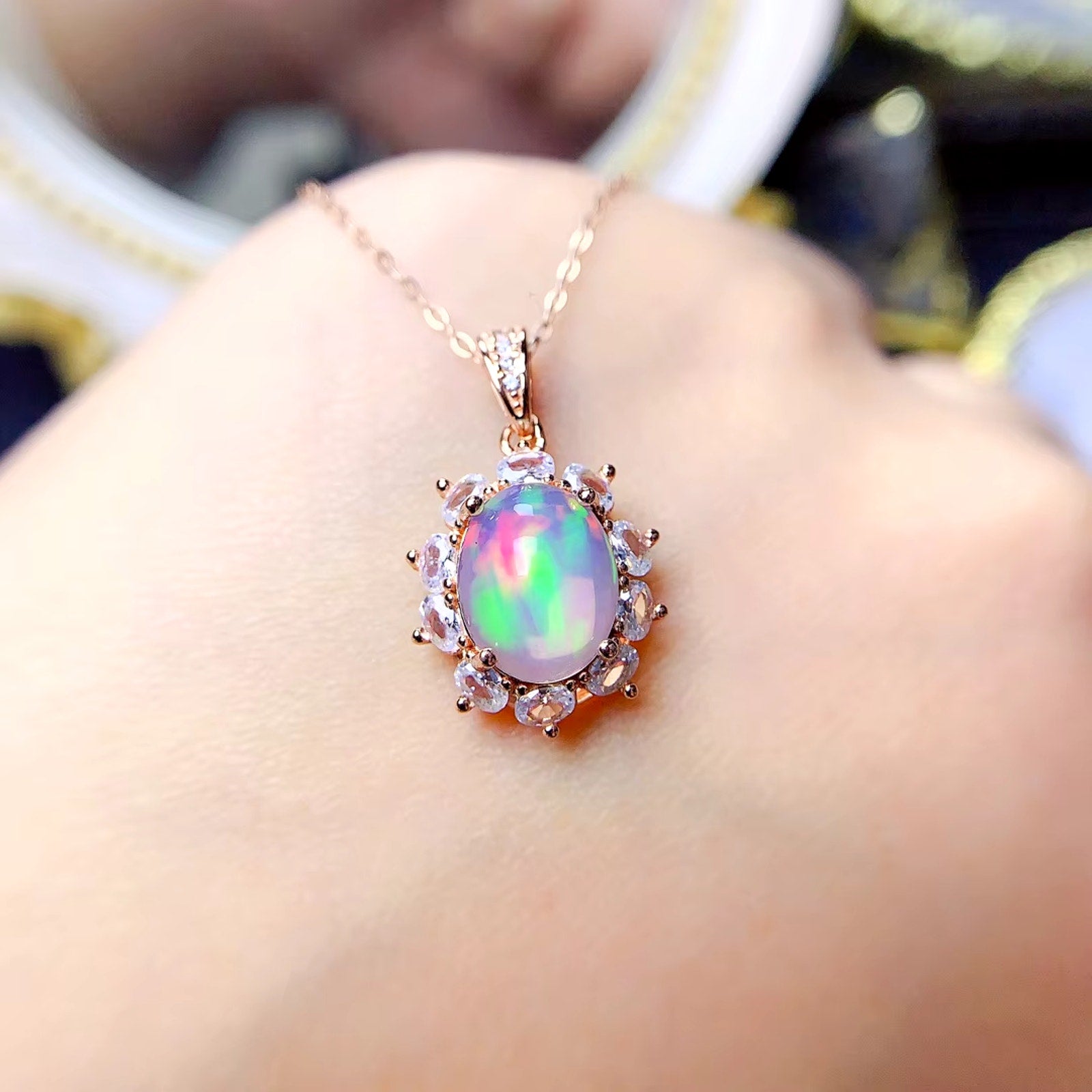 Natural Fire Opal Pendant Necklace, Women's Opal Pendant Necklace 8x10mm
