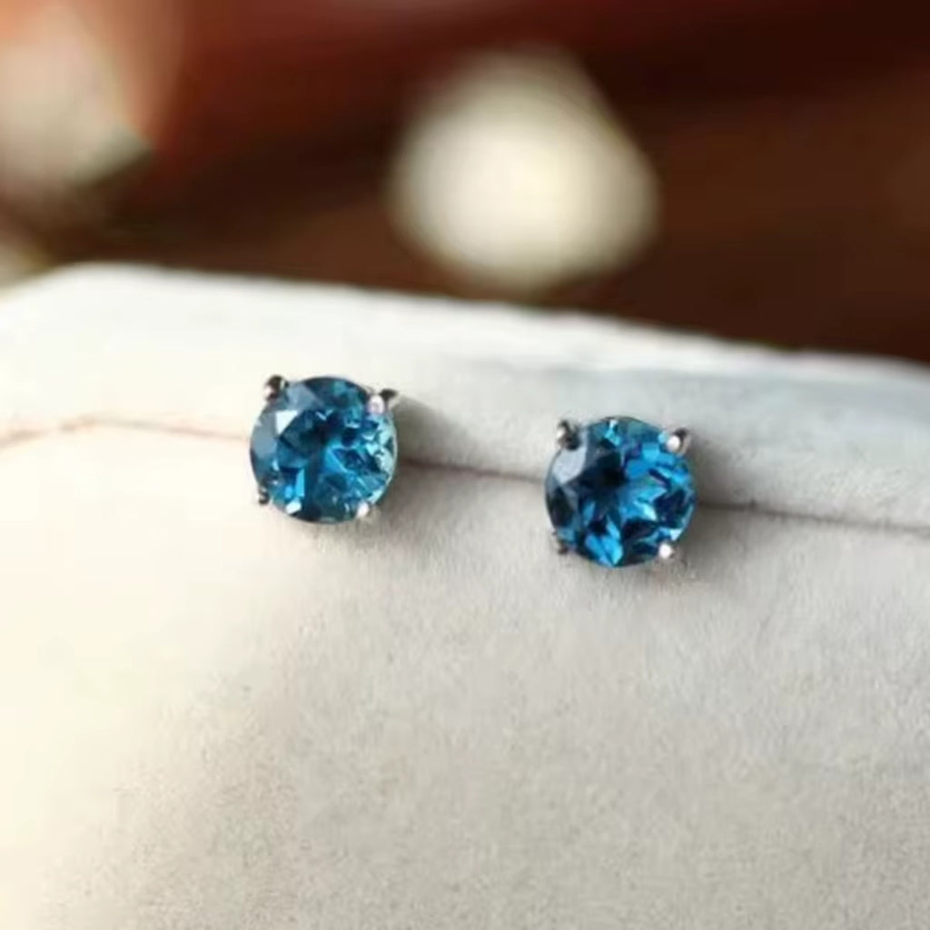 London Blue Topaz Stud Earrings Round 5mm VVS Grade 925 Sterling Silver