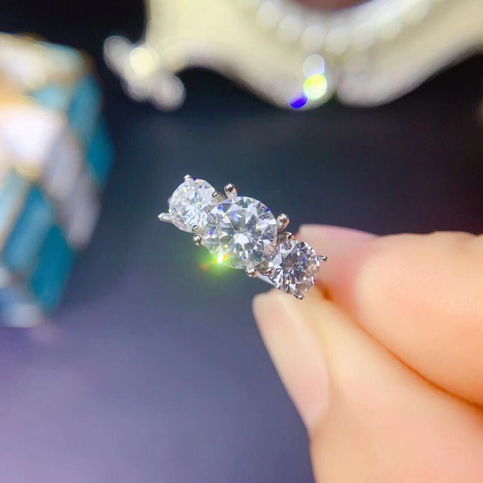 VVS1 White Moisssanite 3 Stone Ring Platinum Plated