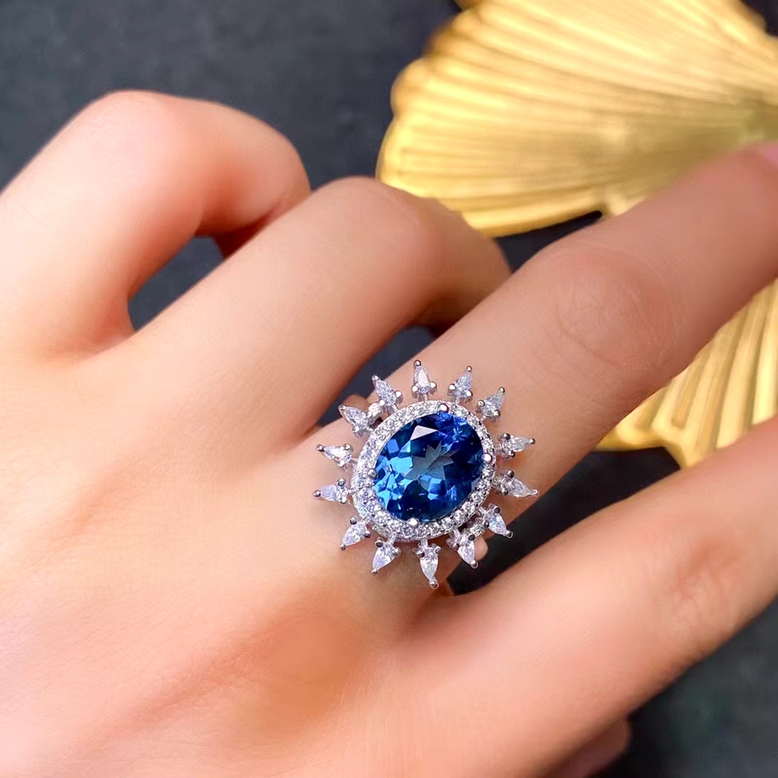 London Blue Topaz Ring, Natural London Blue Topaz Gemstone Ring 8x10mm