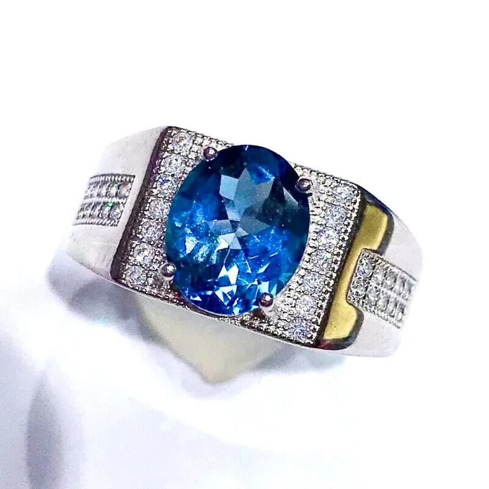 Men's London Blue Topaz Cocktail Ring, Men's Blue Gemstone Ring's Sterling