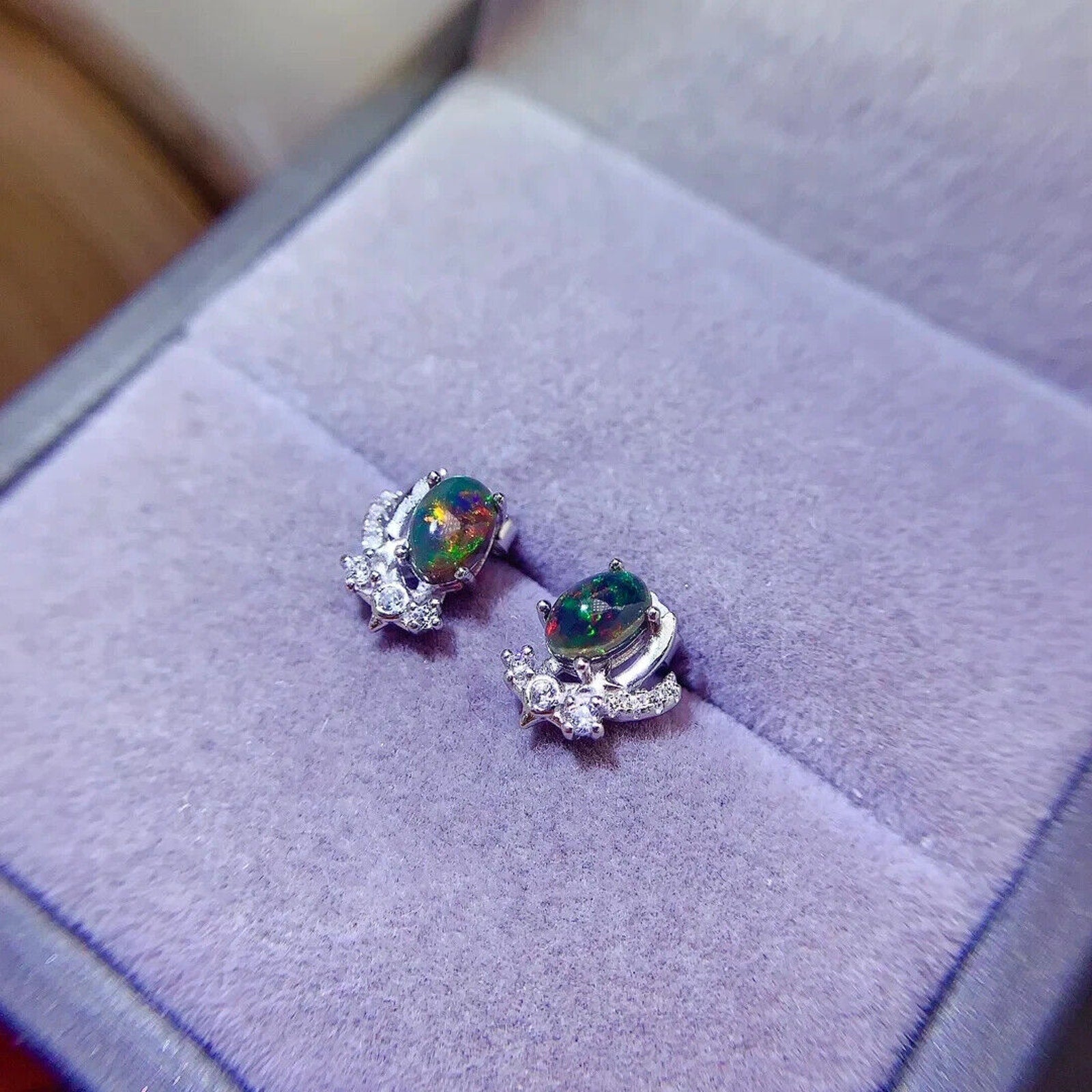 Black Fire Opal Cluster Stud Earrings, Natural Fire Opal Stud Earrings 4x6mm