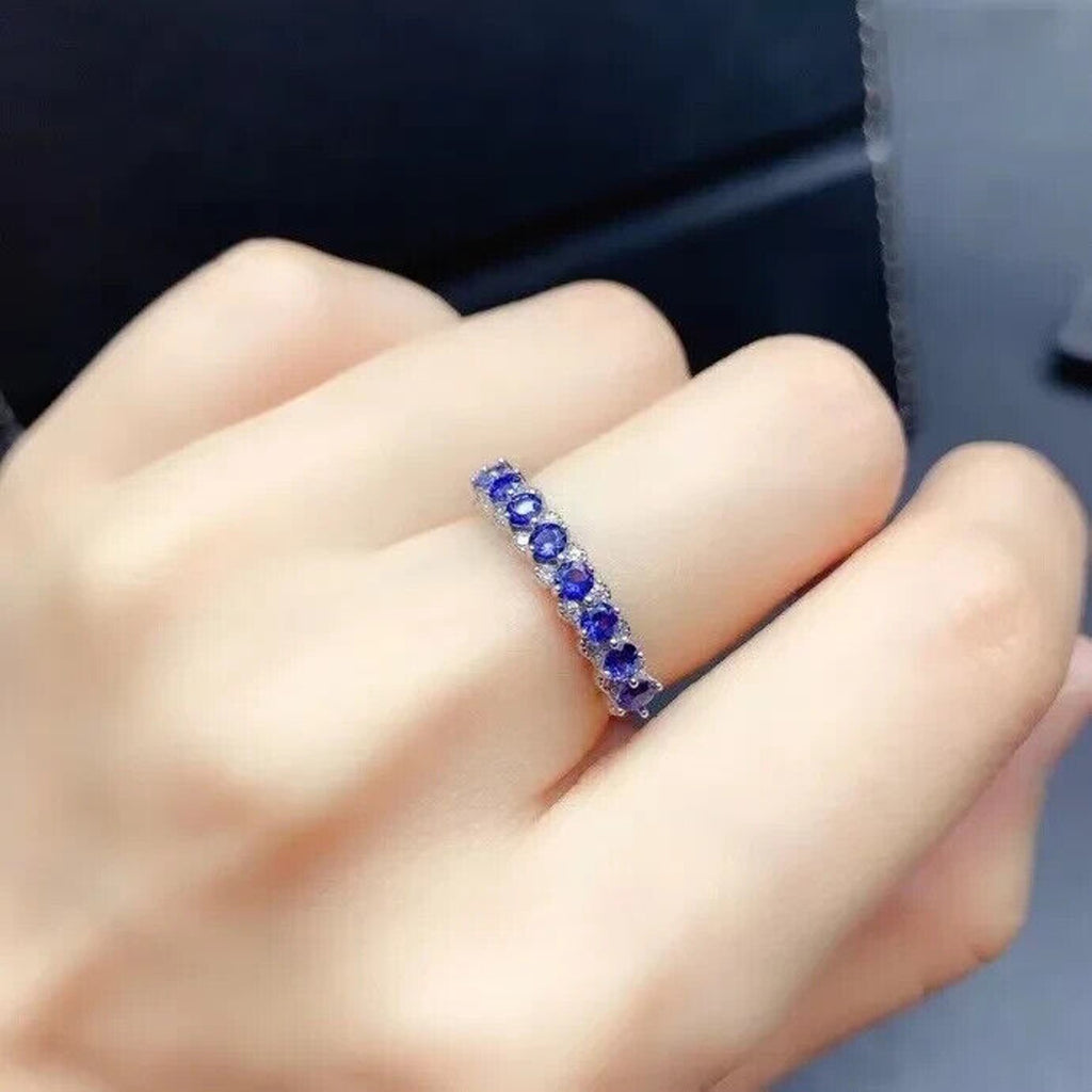 Natural Sapphire Band Ring, Genuine Blue Sapphire Band Ring Sterling Silver