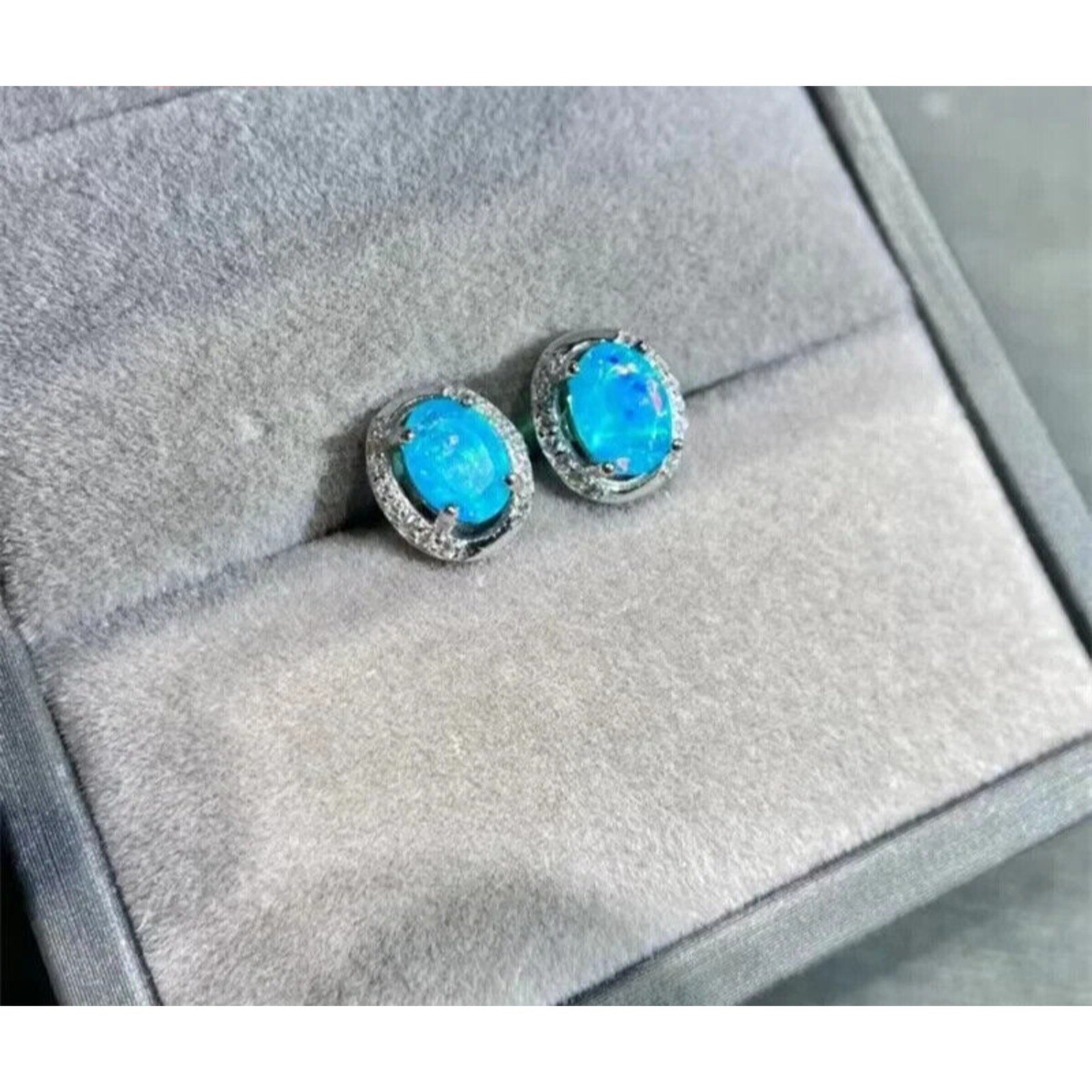 Blue Opal Stud Earrings, Natural Blue Fire Opal Stud Earrings 925 Sterling