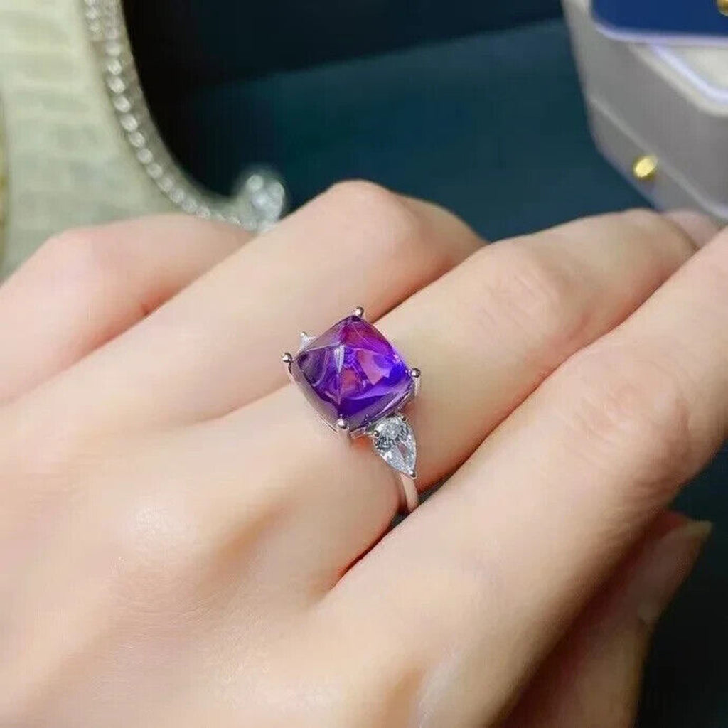 Natural Sugarloaf Cut Purple Amethyst Gemstone Ring, Amethyst Sugarloaf Ring