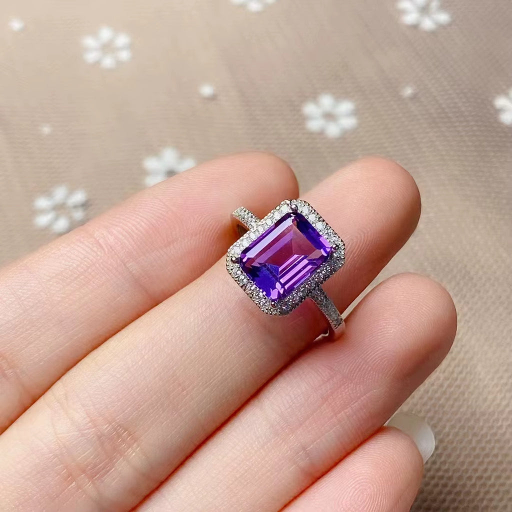 2CT Emerald Cut Amethyst Ring 925 Sterling Silver, Purple Amethyst Ring 7x9mm