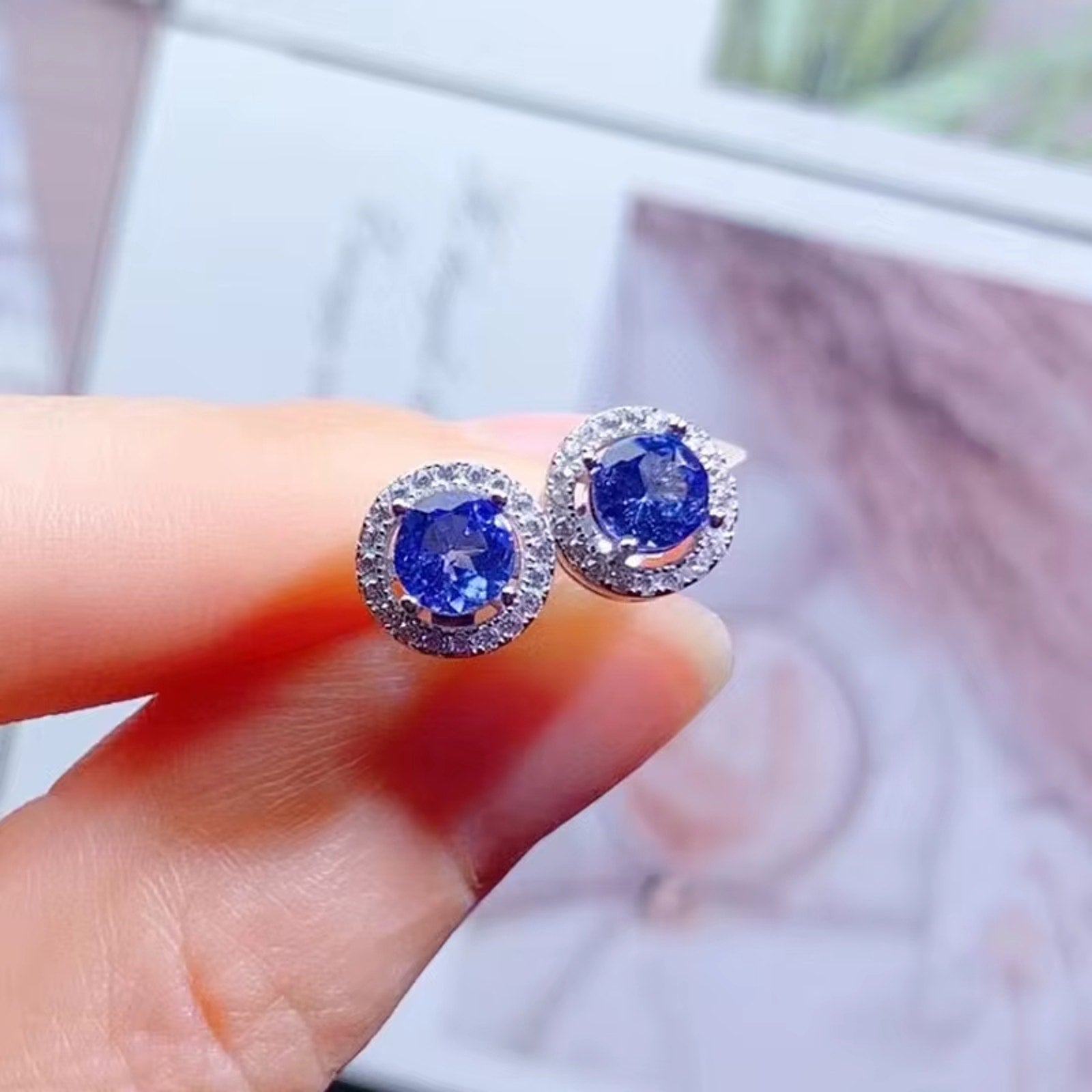 VVS Grade Round Purple Tanzanite Stud Earrings, Natural Tanzanite Earrings 925