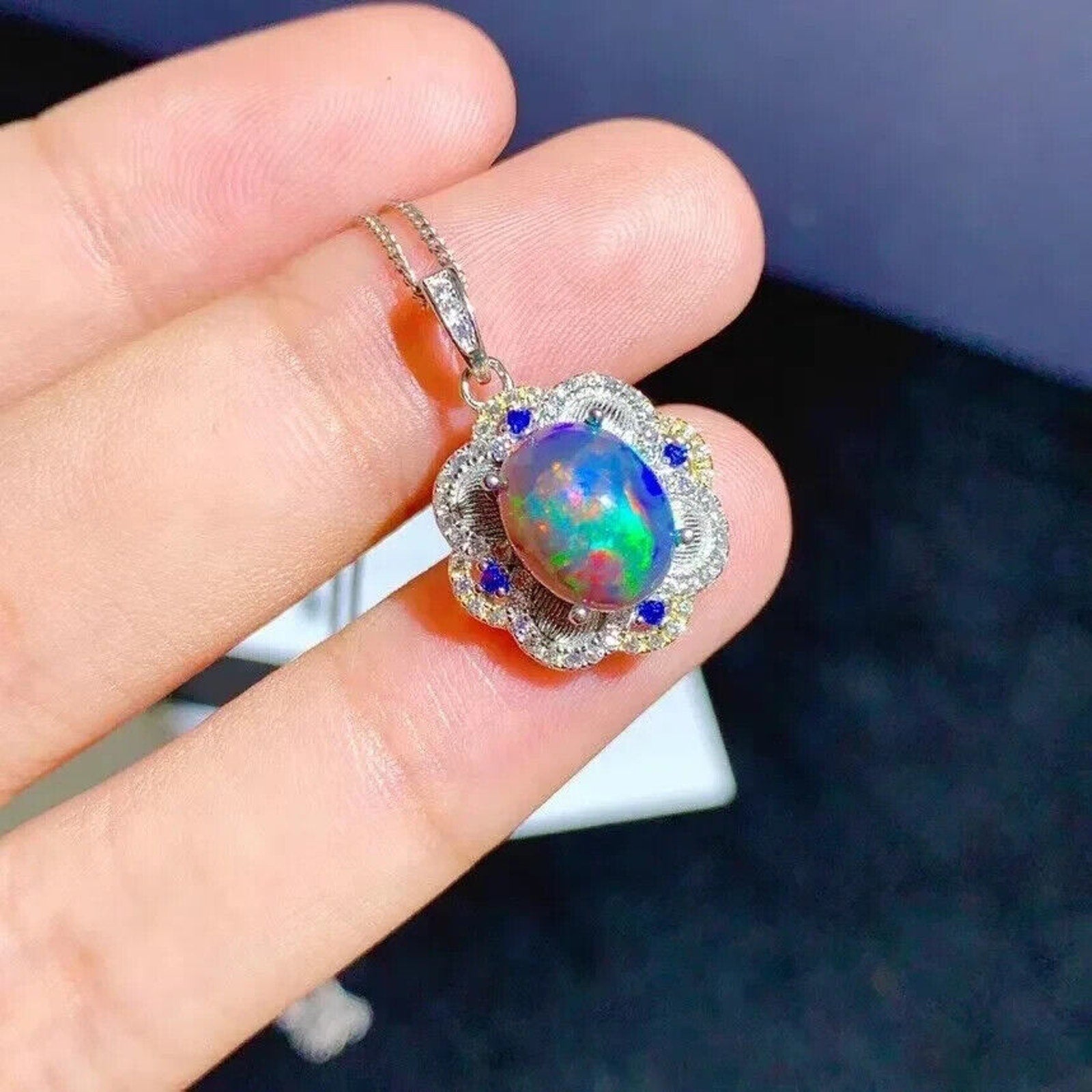 Natural Black Opal Jewelry Set 8x10mm, Colorful Fire Opal Pendant and Ring Set