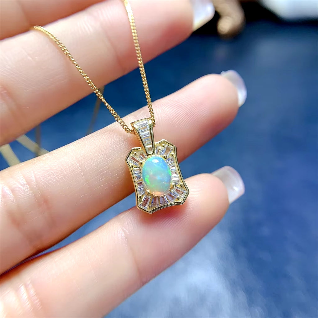 Fire Opal Jewelry Set, Natural Opal Necklace and Ring Set 5x7mm Sterling