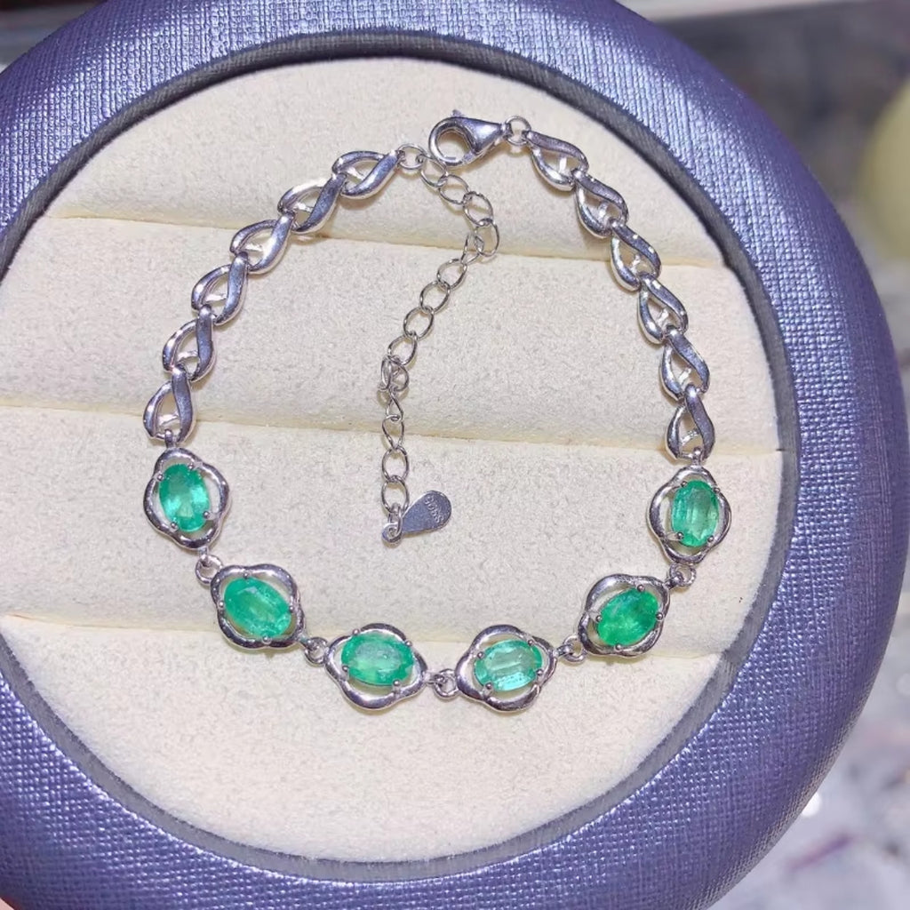 Emerald Bracelet Sterling Silver, Natural Emerald Bracelet, Green Emerald