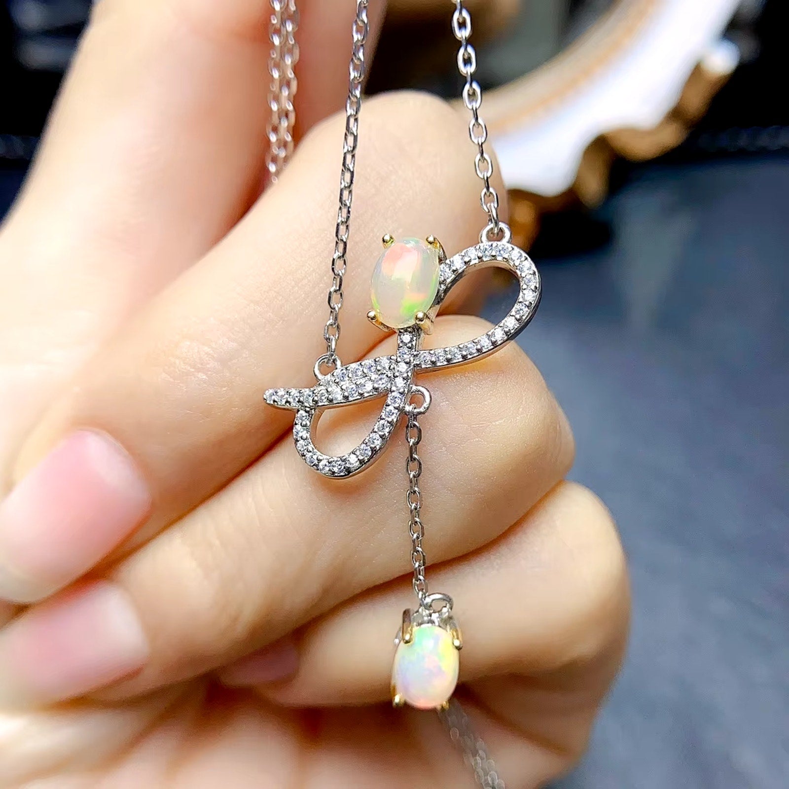 Fire Opal Charm Necklace, Natural Opal Pendant Necklace 925 Sterling Silver