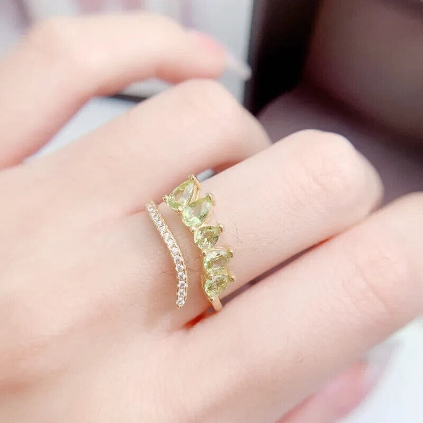 Natural Peridot Gemstone Pear Cut Band Ring, August Birthstone Peridot Ring