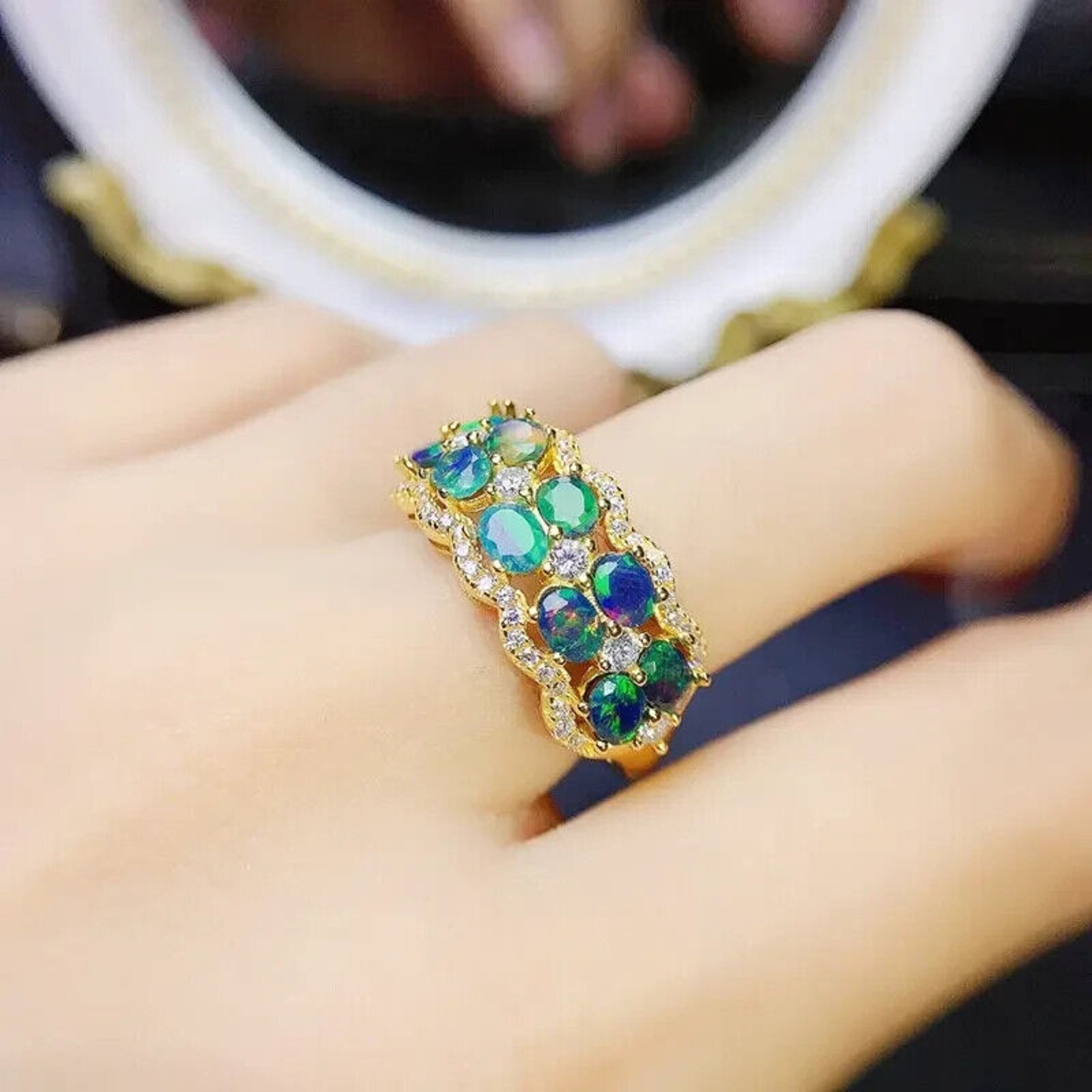 Colorful Black Fire Opal Band Ring 3x4mm, Natural Fire Opal Band Ring