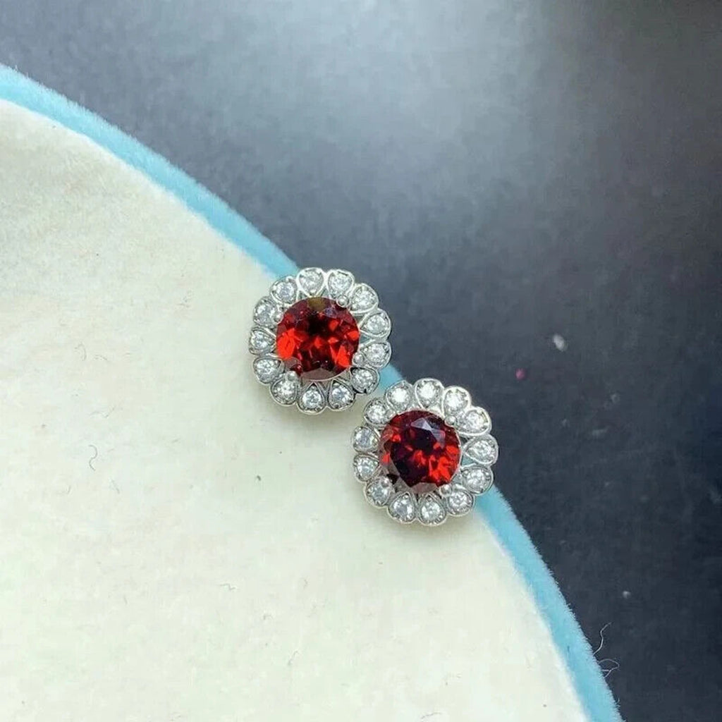Round Garnet Cluster Earrings Round 5mm Platinum Plated
