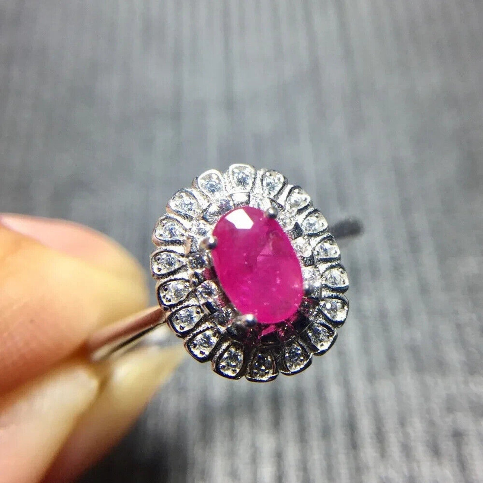 Natural Pink Ruby Ring 4x6mm, Burma Ruby Cluster Ring, Genuine Ruby Ring
