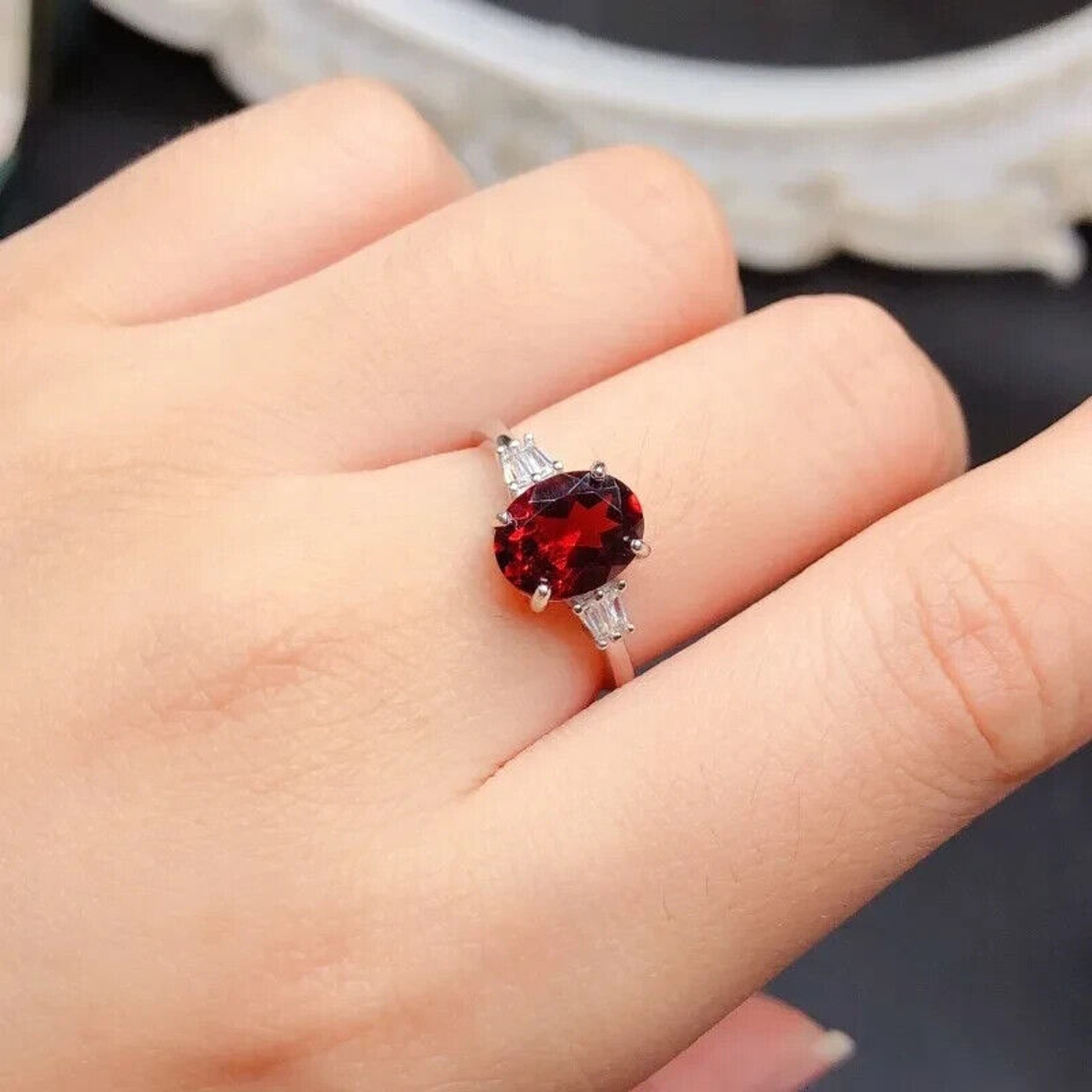 Red Garnet Oval Cut Cocktail Ring 7x9mm Platinum Pated Sterling Silver