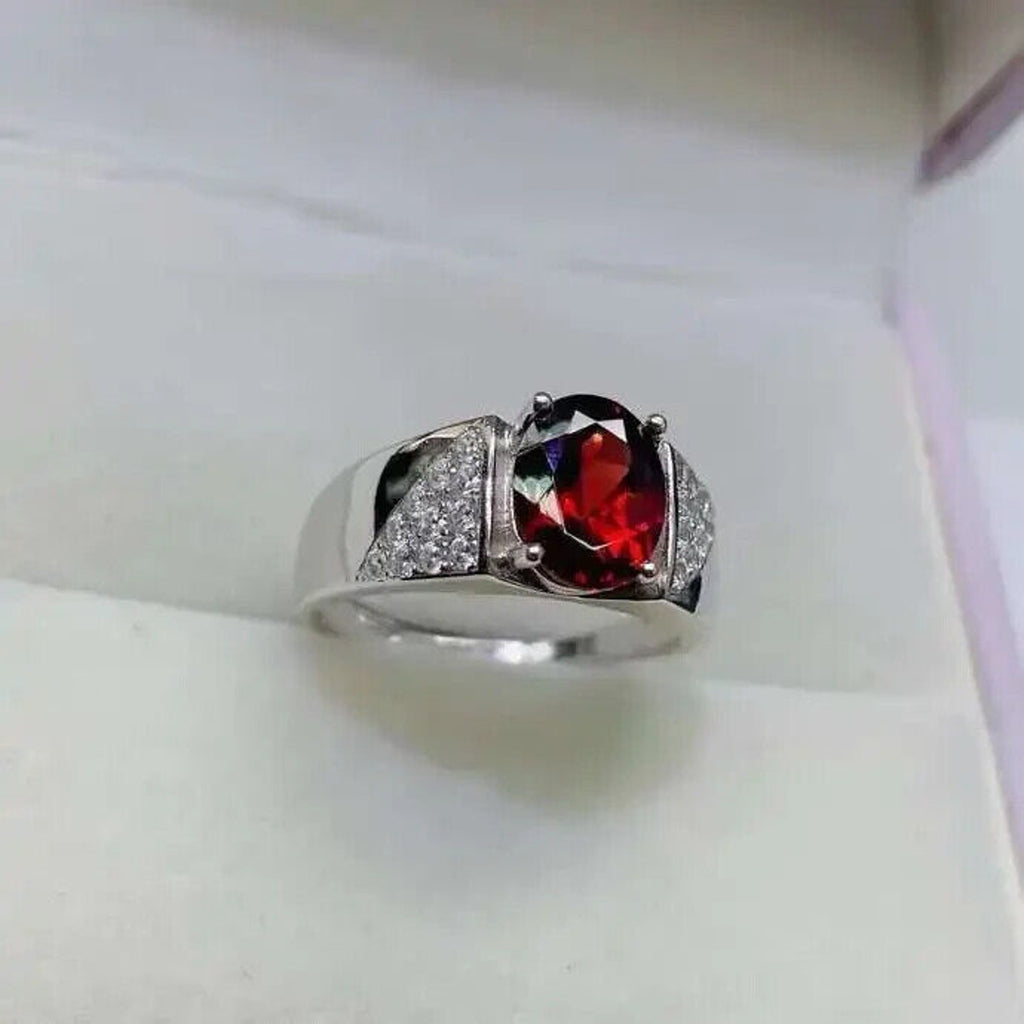 Red Garnet Mens Cocktail Ring 7x9mm Platinum Plated Sterling