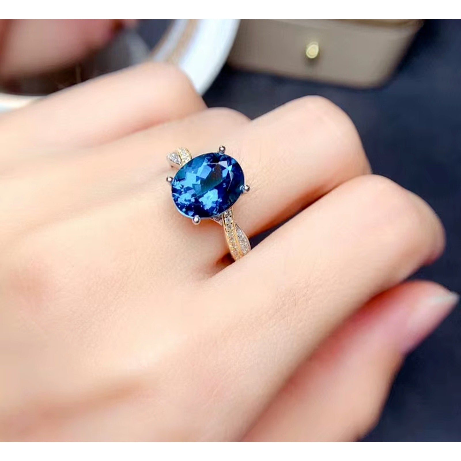 Natural London Blue Topaz Gemstone Ring 8x10mm, London Blue Topaz Ring 925