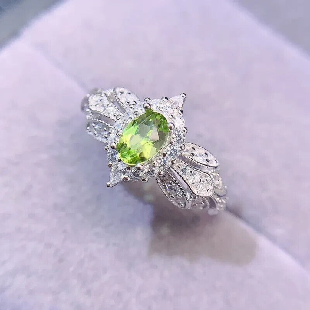 Natural Peridot Gemstone Ring 4x6mm, August Birthstone Peridot Ring Sterling