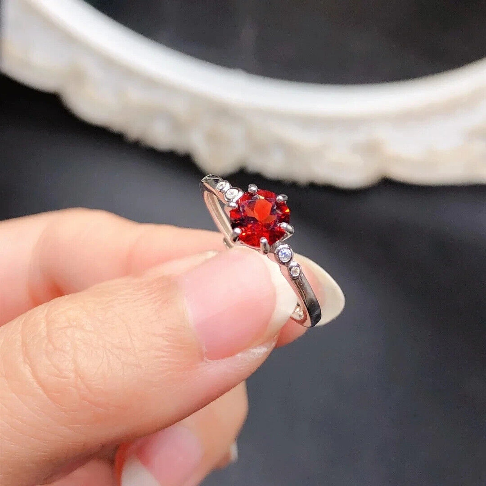 Red Garnet Round Cut Cocktail Ring 6x6mm 925 Sterling Silver Platinum Plated