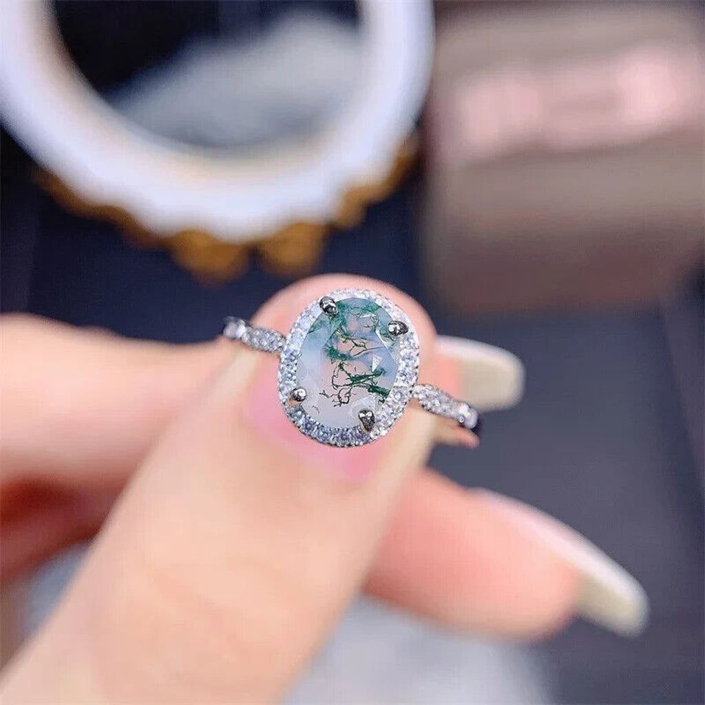 Dainty Moss Agate Gemstone Ring, Natural Moss Agate Sterling Silver Ring