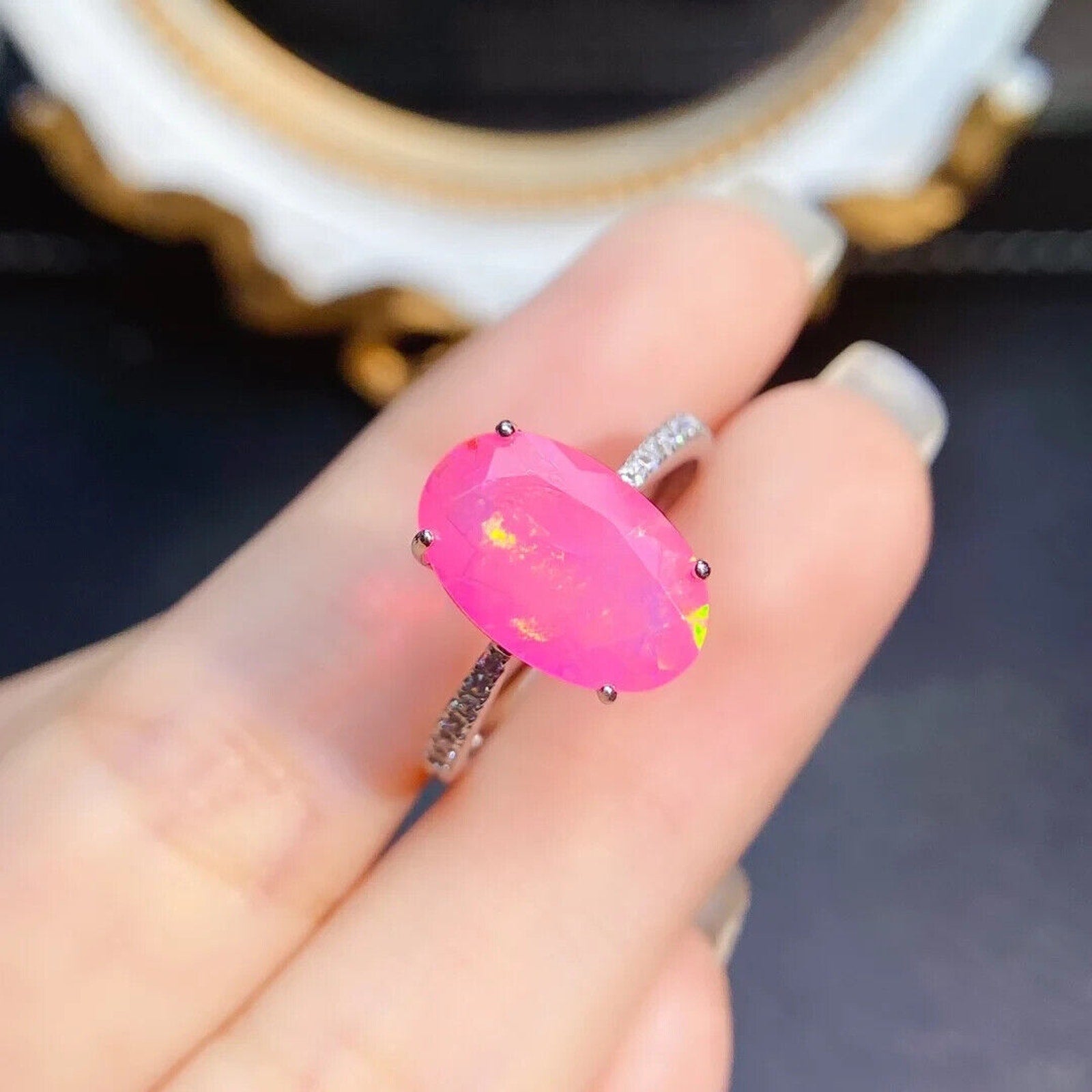 Pink Fire Opal Large Statement Ring 9x14mm, Natural Pink Fire Opal Ring