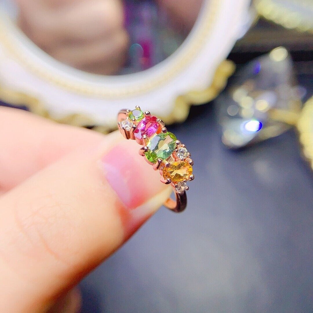 Natural Tourmaline Cluster Band Ring, Multicolor Tourmaline Sterling Silver Ring