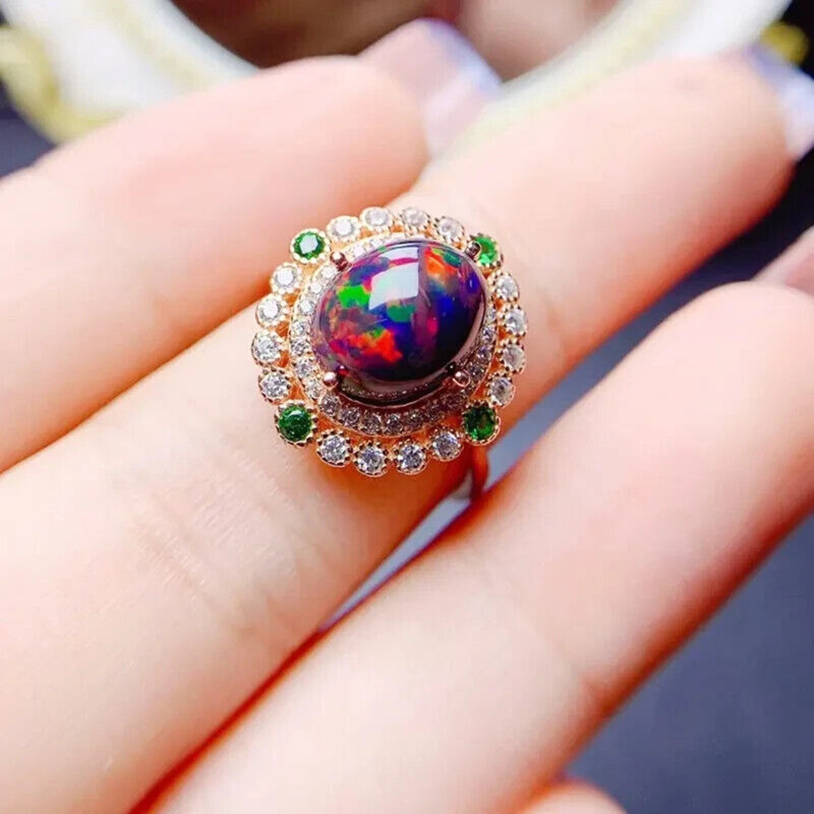 Colorful Black Fire Opal Statement Ring 8x10mm , Natural Fire Opal Ring