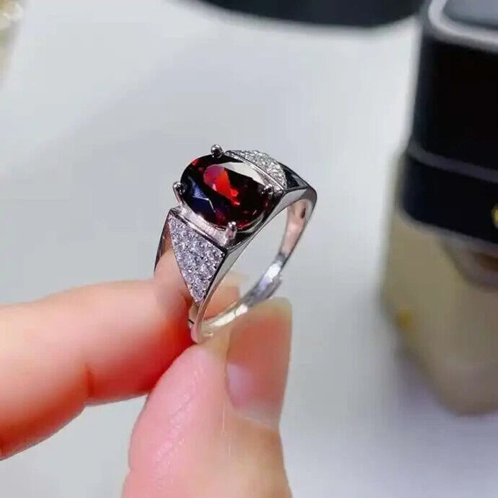 Red Garnet Mens Cocktail Ring 7x9mm Platinum Plated Sterling