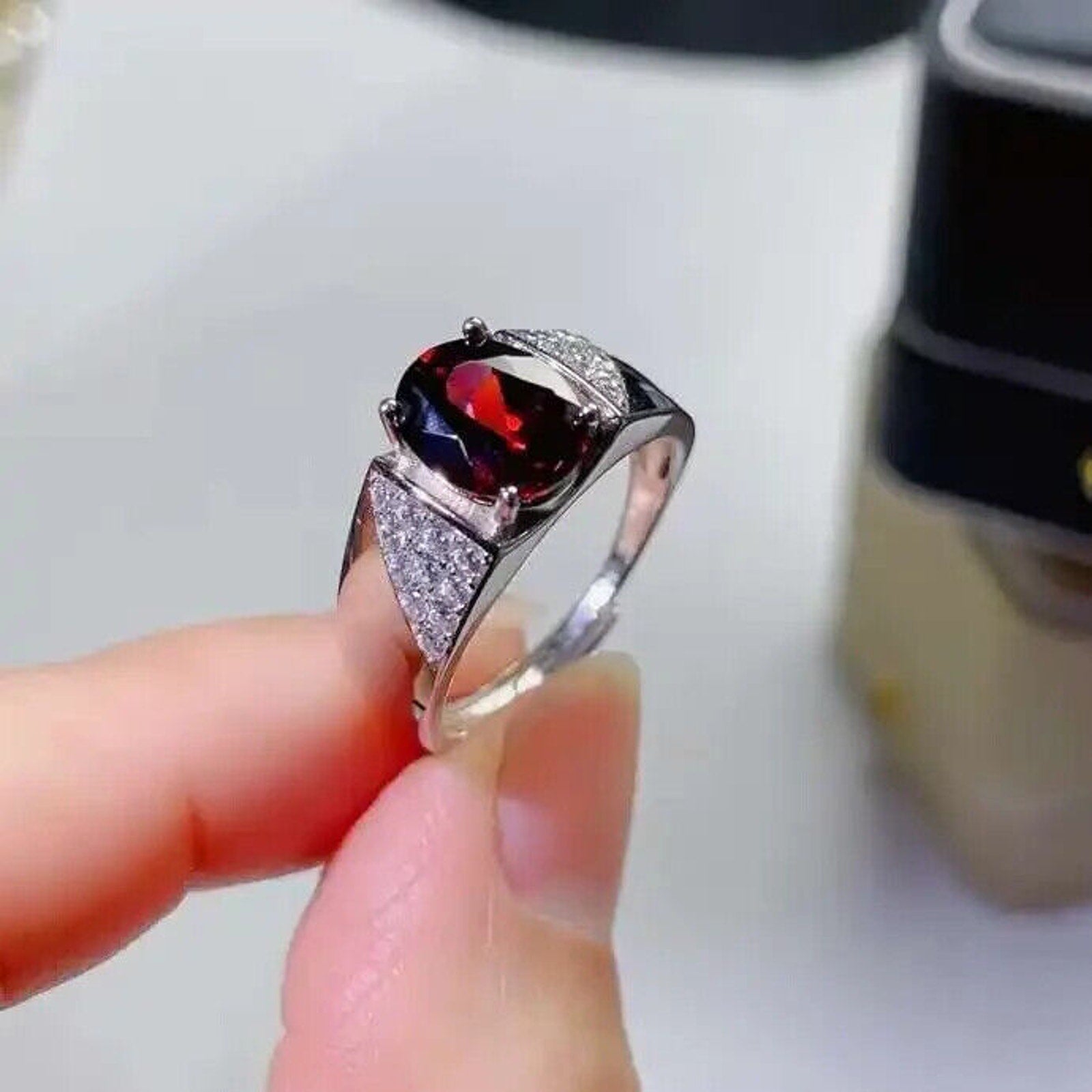 Red Garnet Mens Cocktail Ring 7x9mm Platinum Plated Sterling