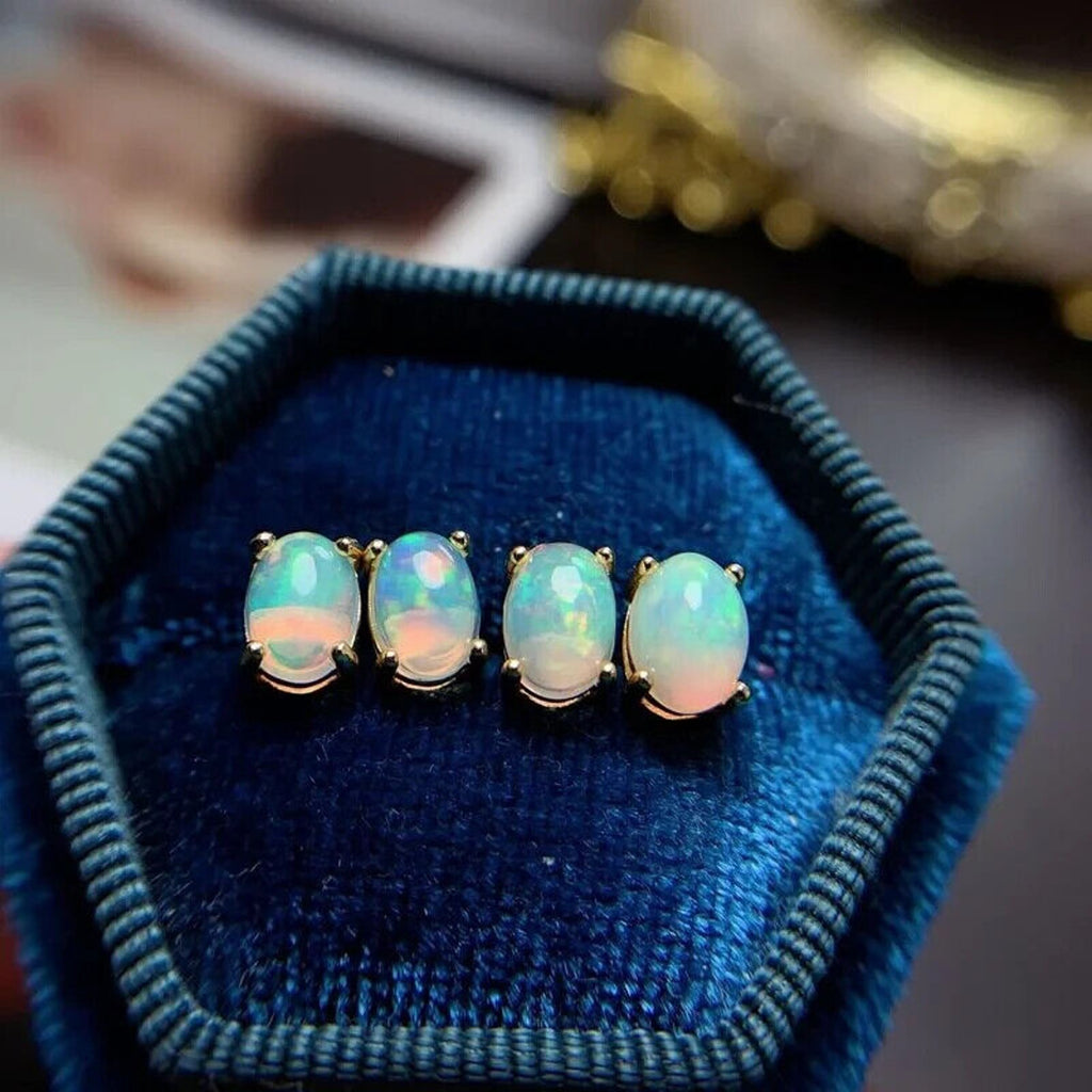 White Fire Opal Stud Earrings, Natural Opal 5x7mm Stud Earrings Sterling Silver