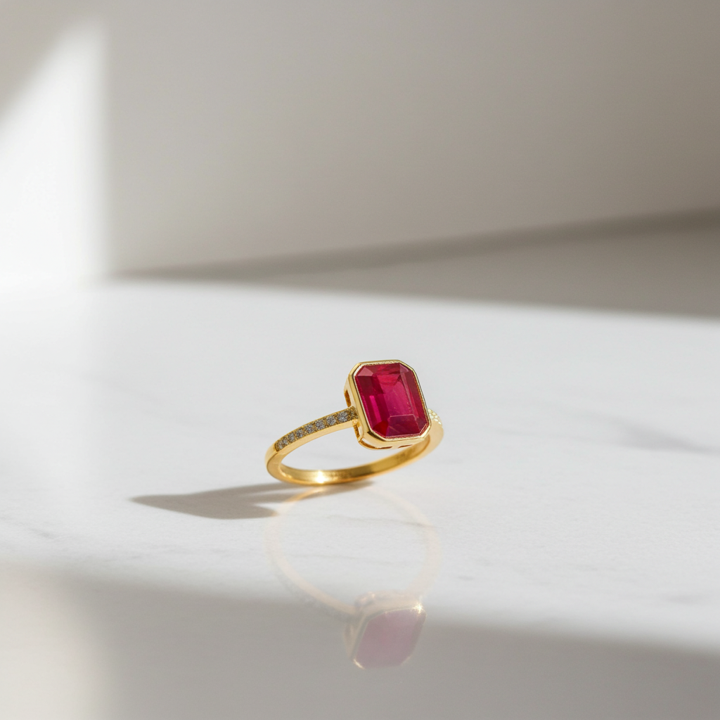Emerald Cut Ruby Ring in Bezel Setting 6x8mm