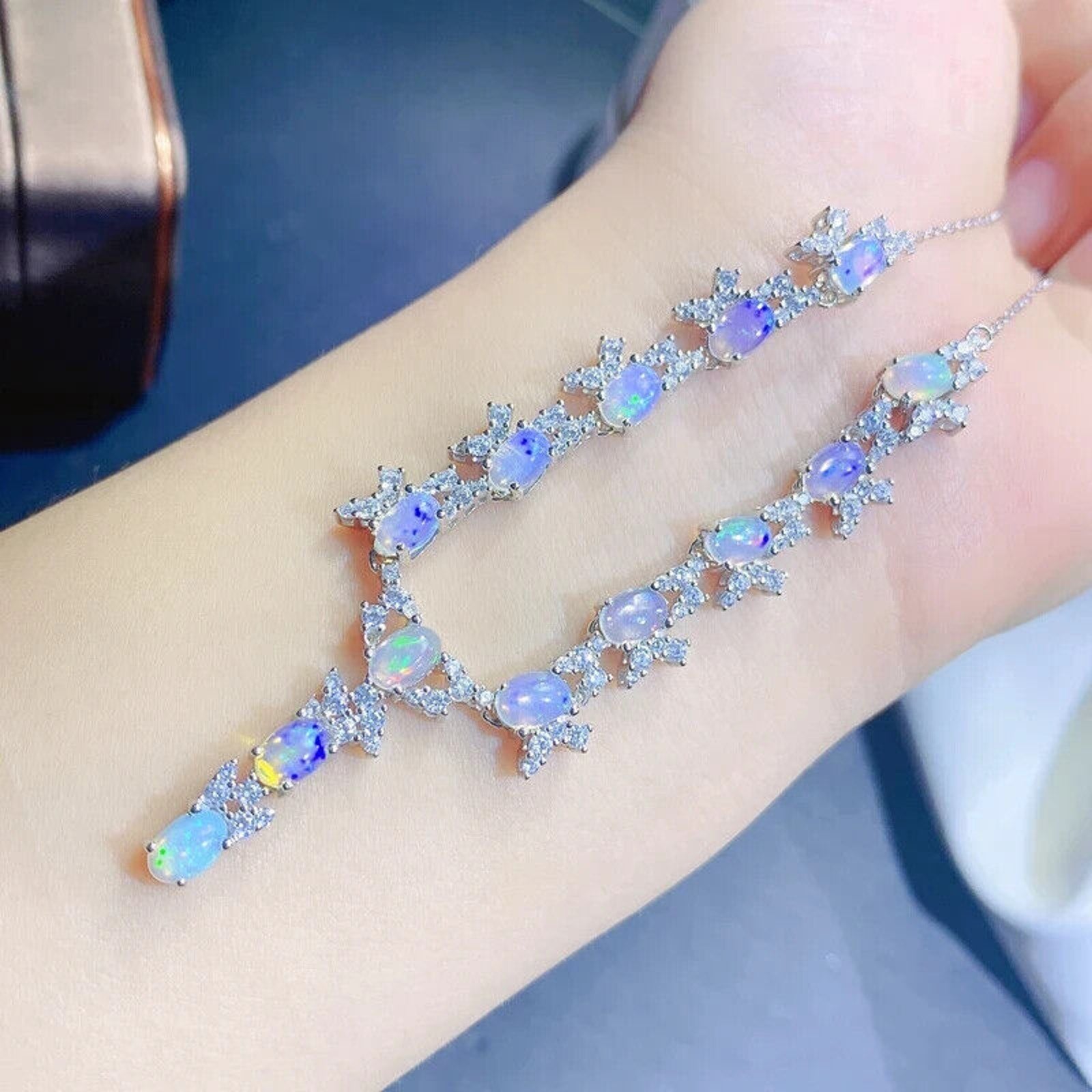 Natural Fire Opal Statement Necklace, Fire Opal Dangle Necklace 5x7mm Sterling