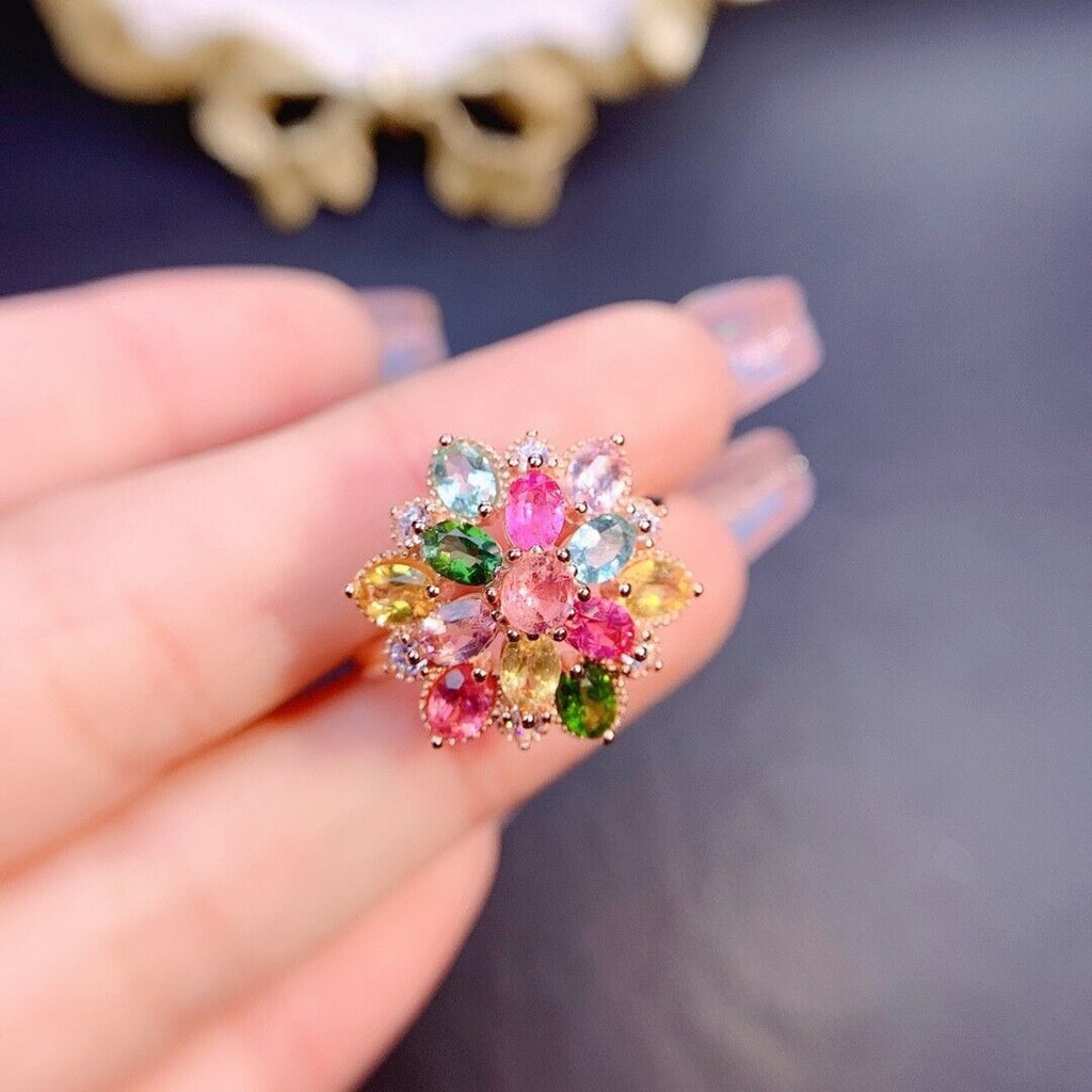 Large Tourmaline Gemstone Cluster Ring, Natural Tourmaline Flower Ring