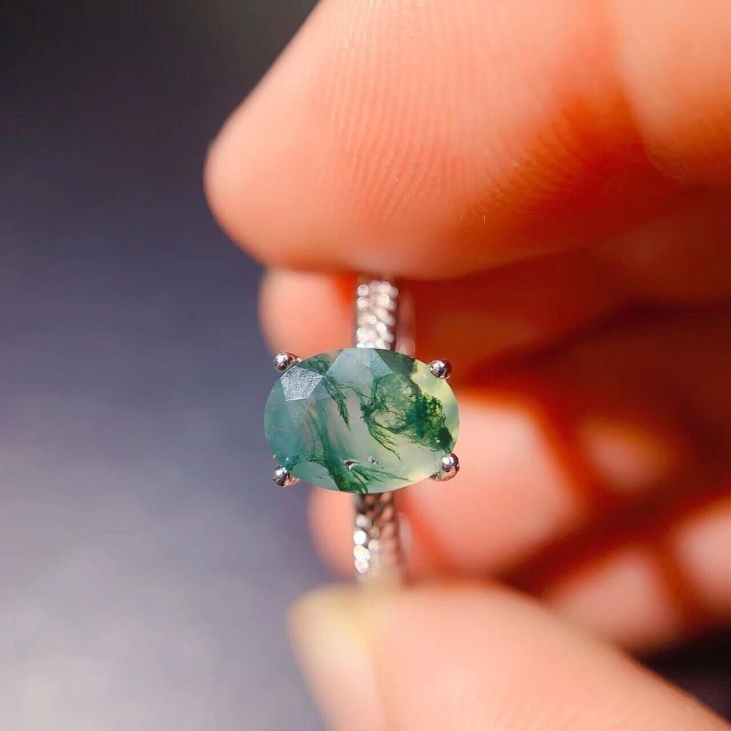 Moss Agate Cocktail Ring 6x8mm 925 Sterling Silver