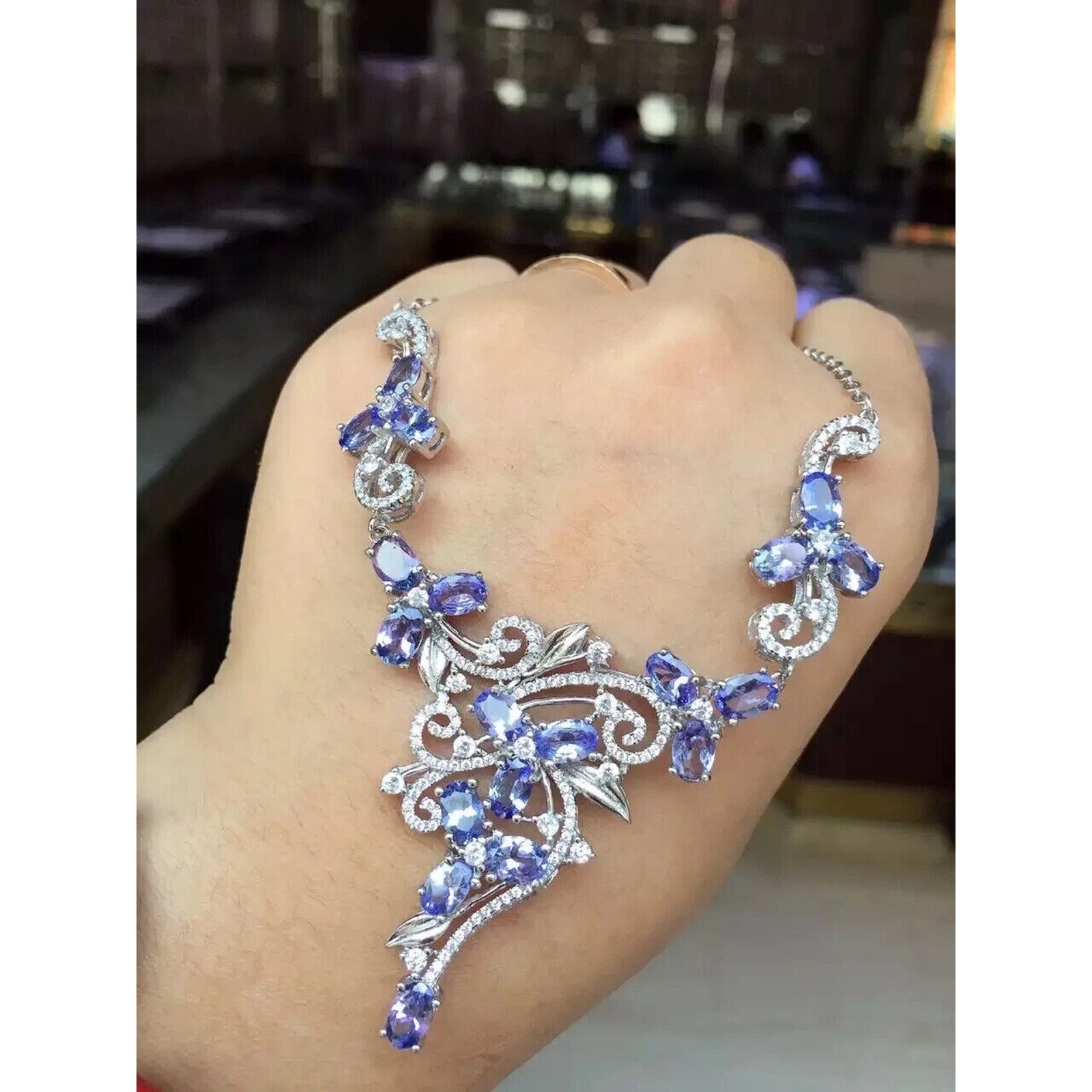 Natural Purple Tanzanite Statement Necklace 925 Sterling Silver Purple Tanzanite