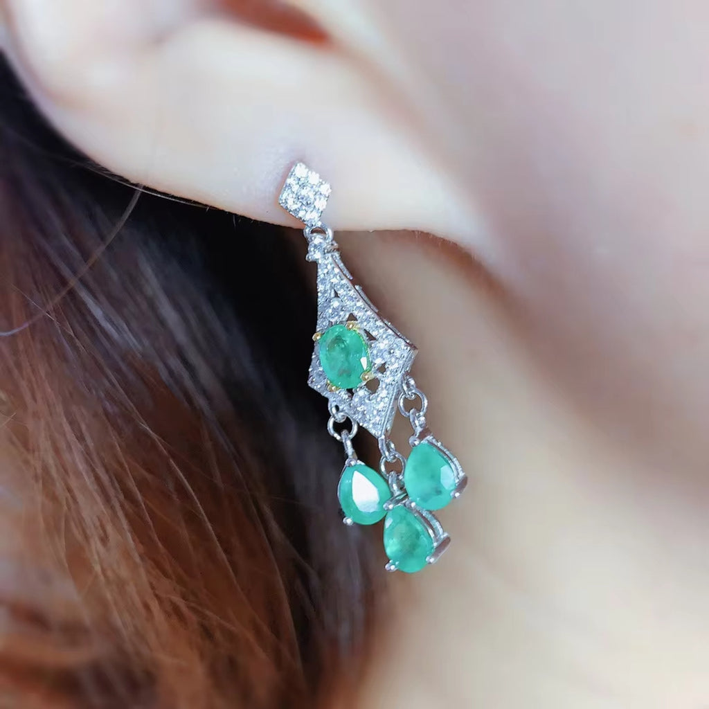 Natural Emerald Dangle Earrings, Women's Emerald Earrings Platinum Plated Silver