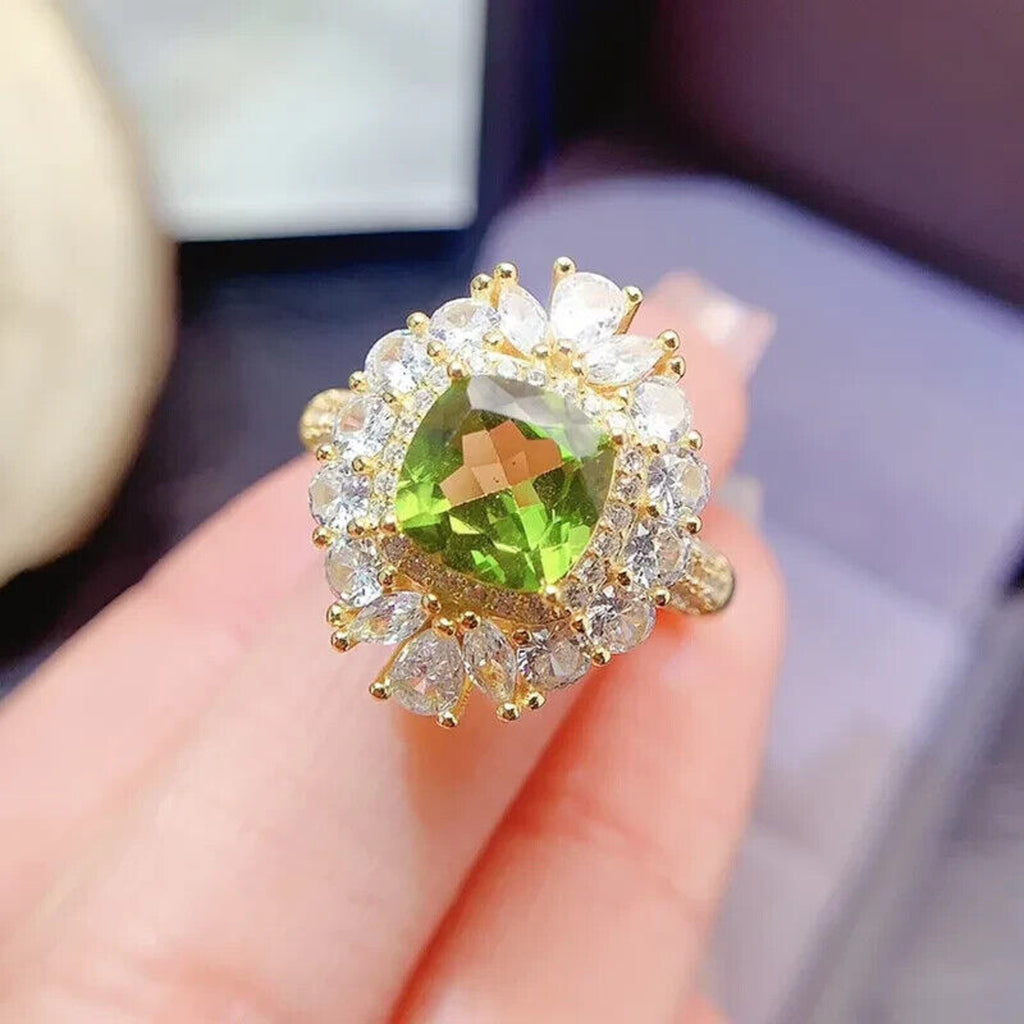 Natural Peridot Gemstone Crystal Cluster Ring 8mm