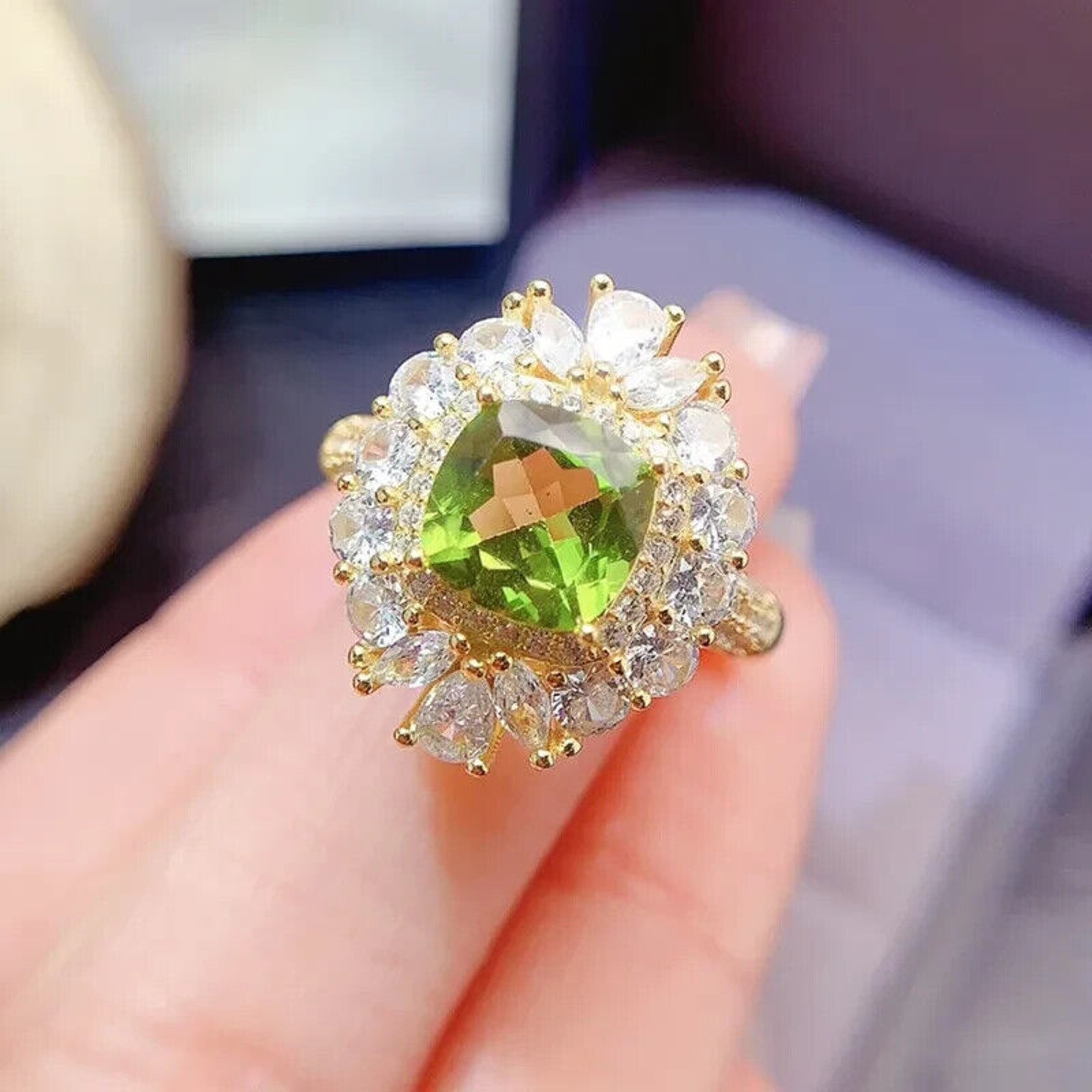Natural Peridot Gemstone Crystal Cluster Ring 8mm